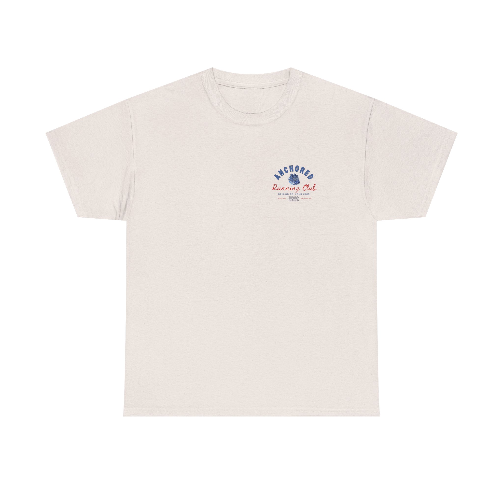 10100045612621891845_2048jpeg - Anchored Beige T-shirt with a small blue and red 'Anchored Running Club' logo on the chest (front view).