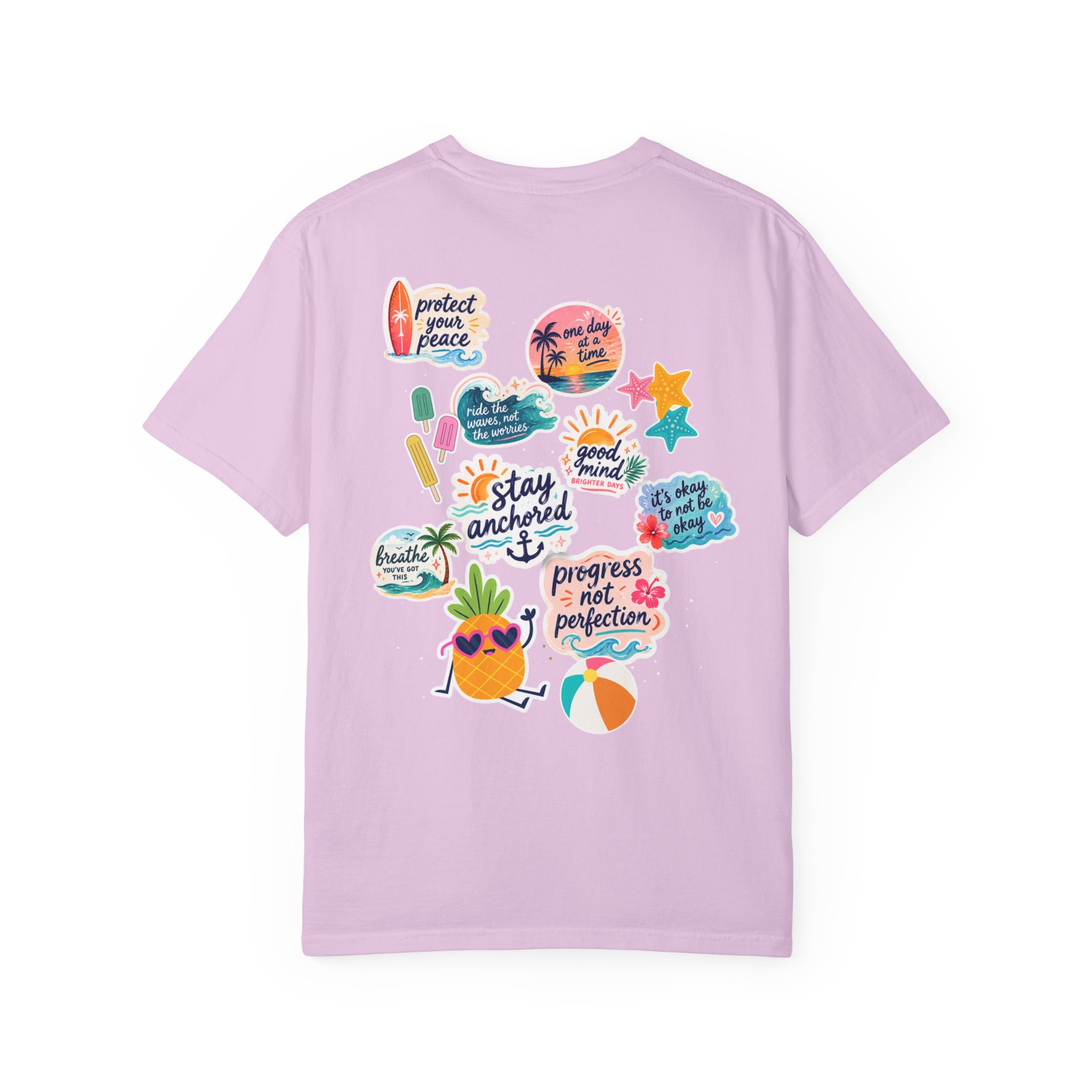 10477362411007027104_2048jpeg - Anchored Lavender T-shirt back covered in colorful tropical-sticker designs and positive phrases like 'protect your peace' and 'stay anchored'.