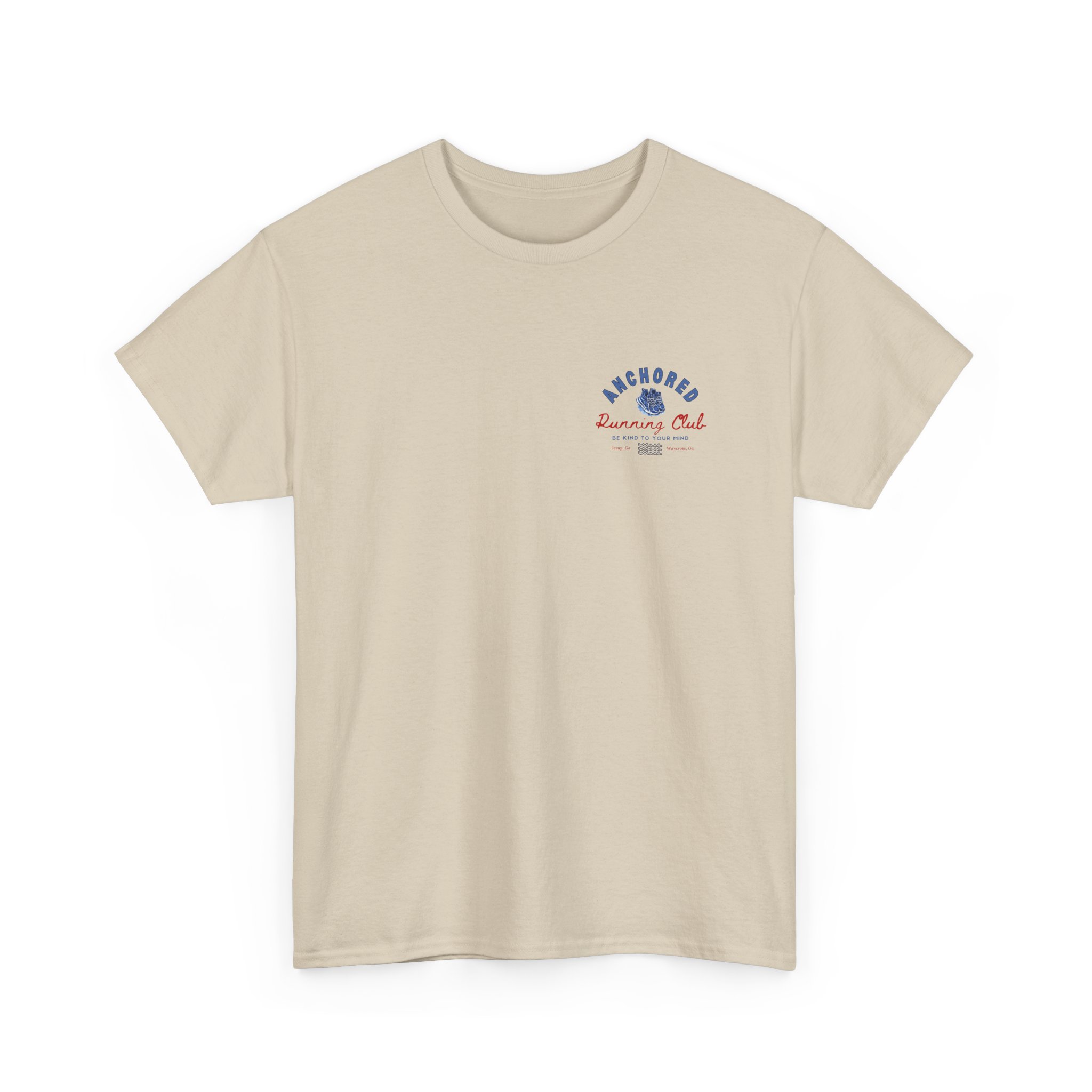 10981862127563270542_2048jpeg - Anchored Beige T-shirt with a small blue and red 'Anchored Running Club' emblem on the left chest area.