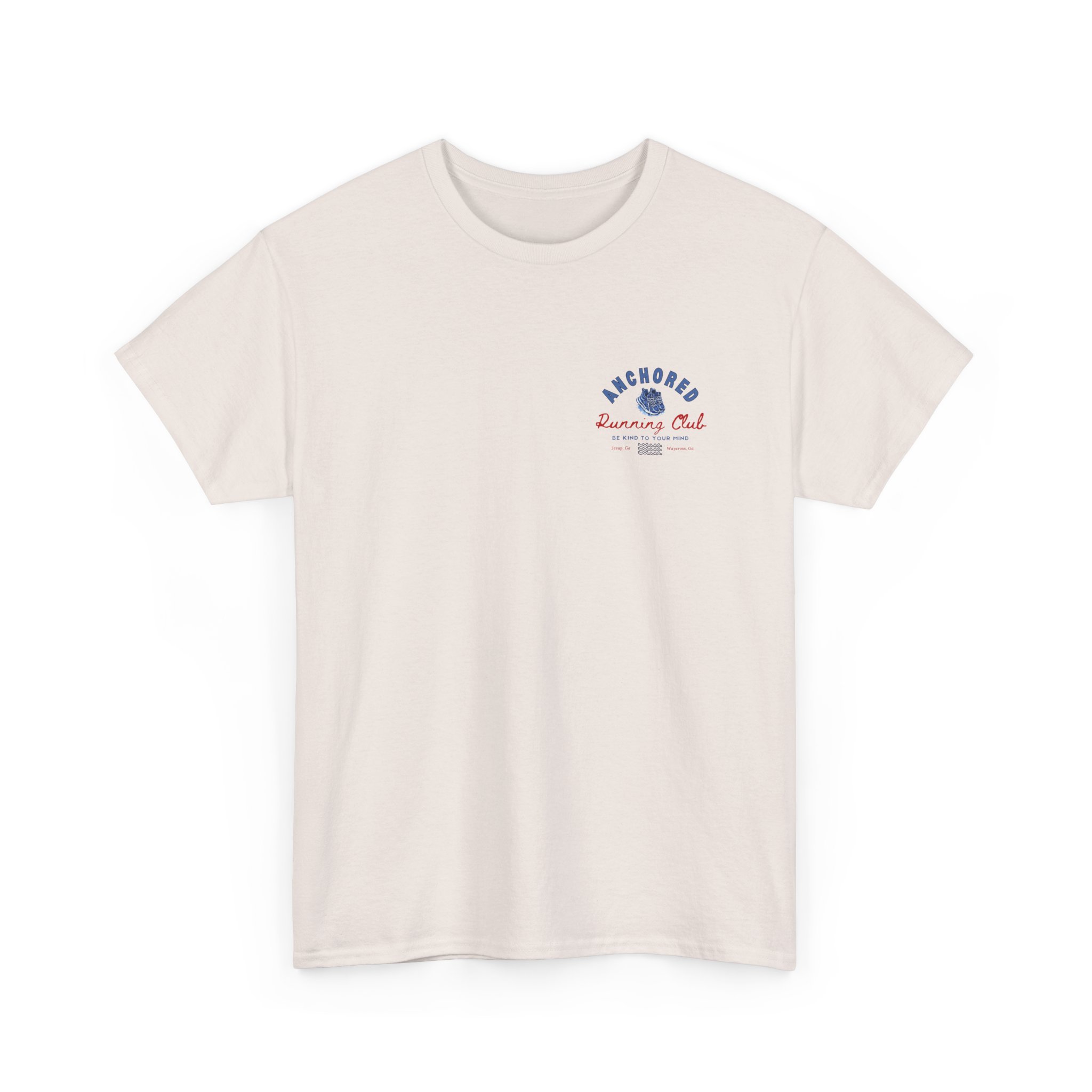 11629406540595278244_2048jpeg - Anchored Beige T-shirt with a small blue and red 'Anchored Running Club' logo on the left chest area.