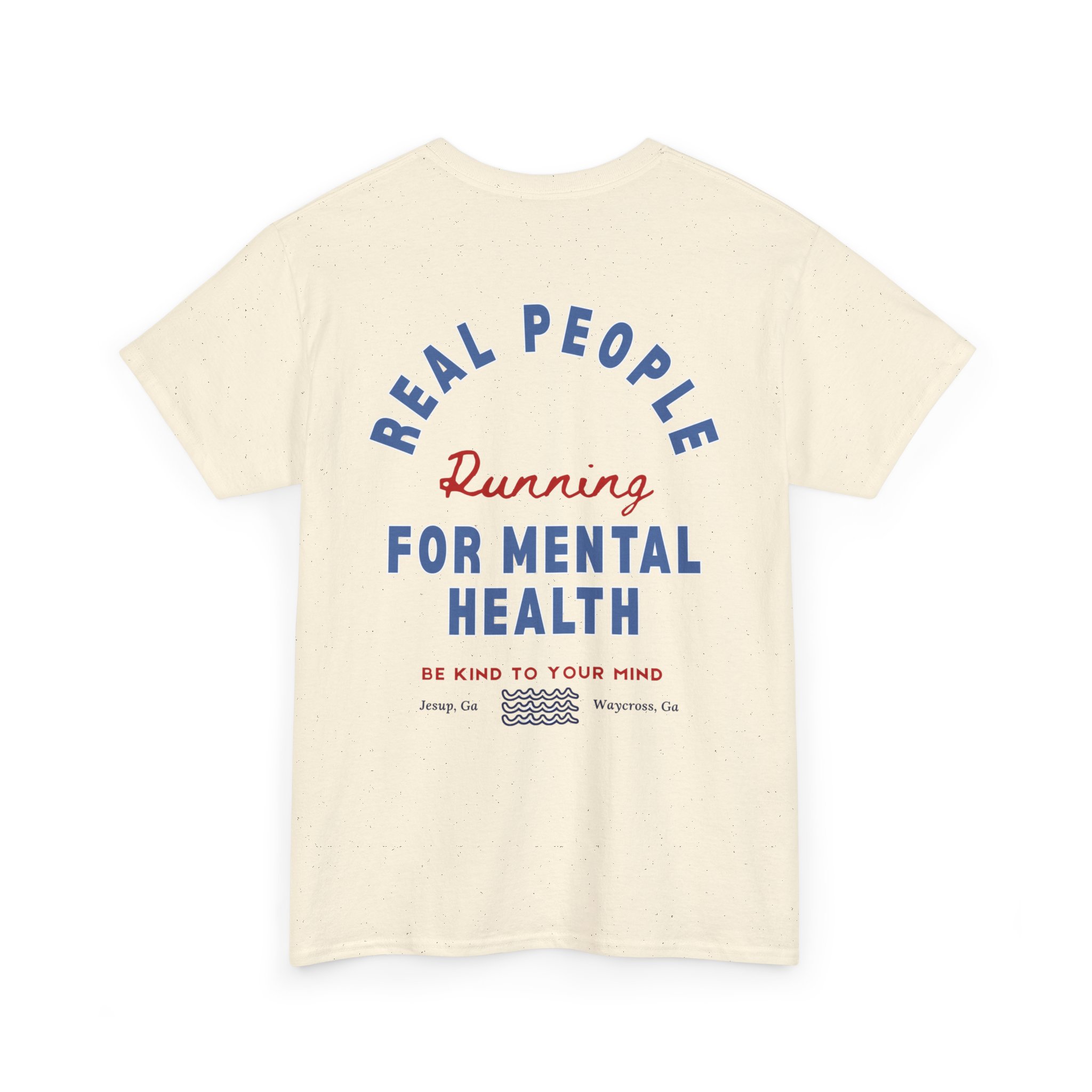 12479861186553473968_2048jpeg - Anchored Beige speckled t-shirt back with curved blue text 'REAL PEOPLE' around a red script 'Running' and blue 'FOR MENTAL HEALTH' text beneath.