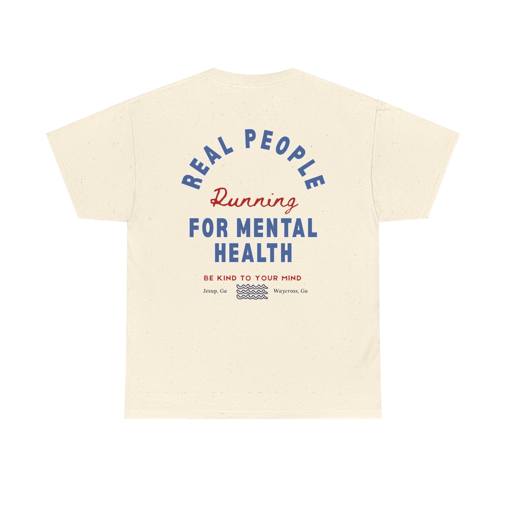12518056790204278103_2048jpeg - Anchored Beige speckled T-shirt featuring a circular blue 'REAL PEOPLE' around a red 'Running' and blue 'FOR MENTAL HEALTH' slogan (back view).