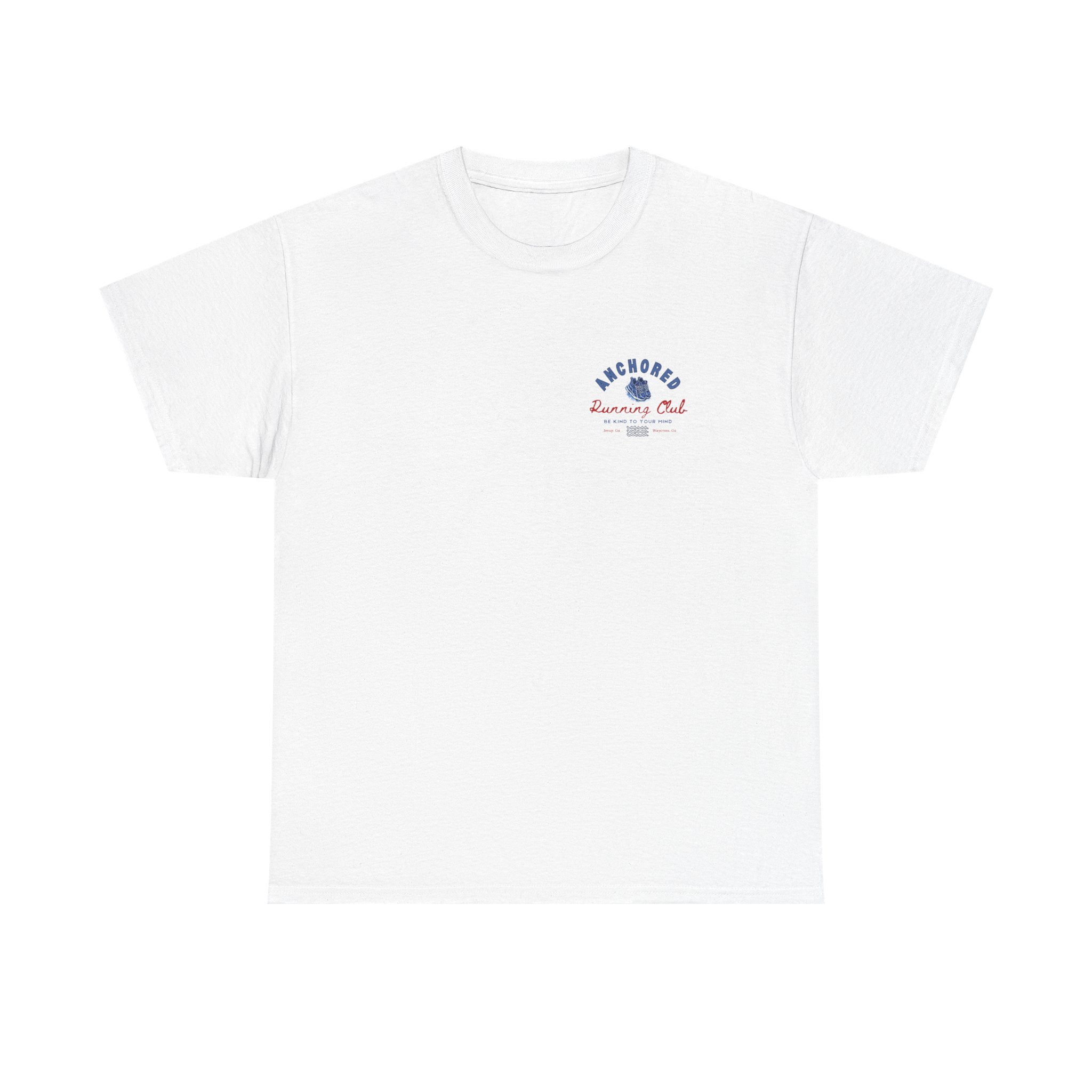 12695922427817990117_2048jpeg - Anchored White t-shirt featuring a small left-chest logo in blue and red reading 'Anchored Running Club' with a graphic anchor emblem.