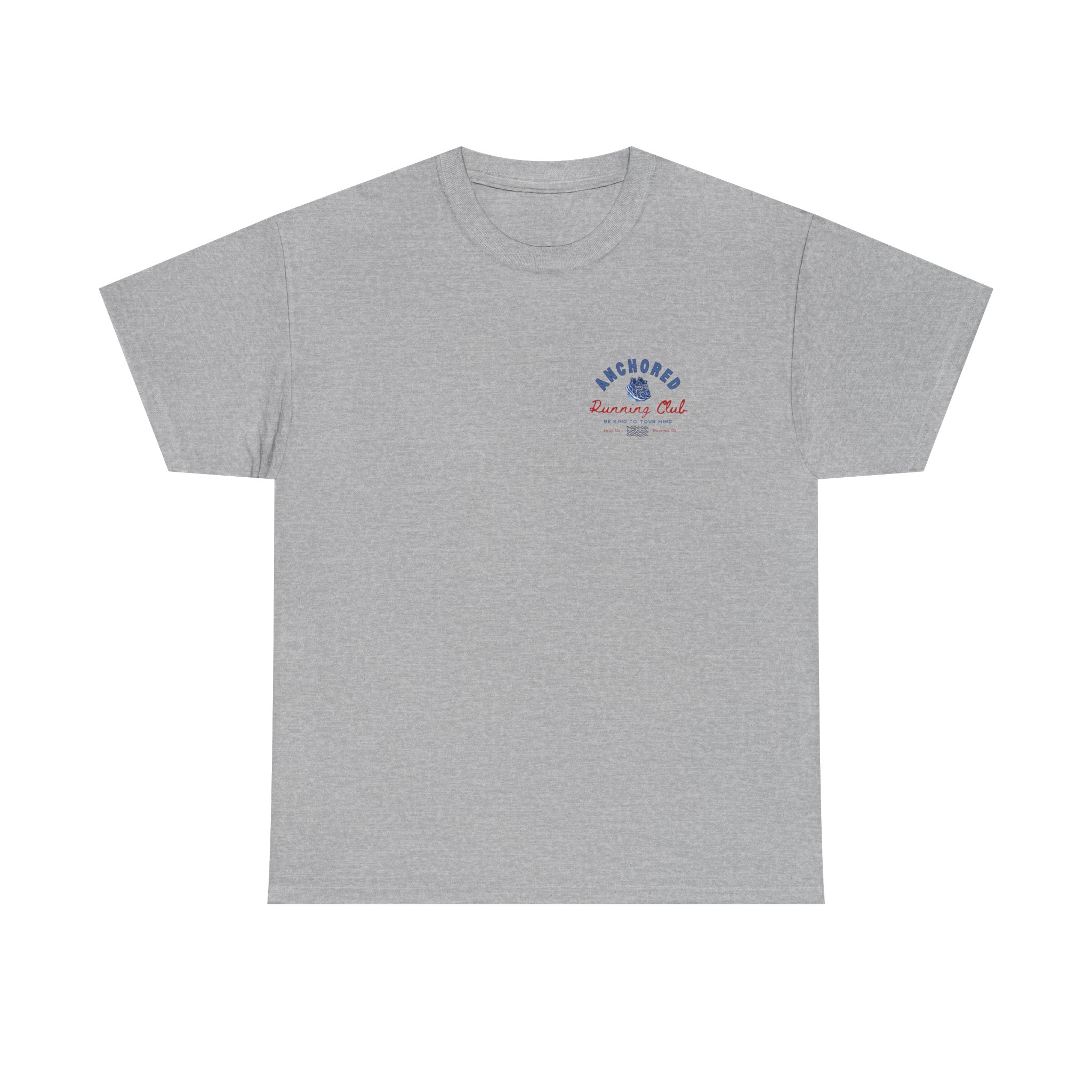 12837704300044914427_2048jpeg - Anchored Gray crew-neck T-shirt with a small blue and red 'Anchored Running Club' logo on the chest, featuring an anchor graphic.