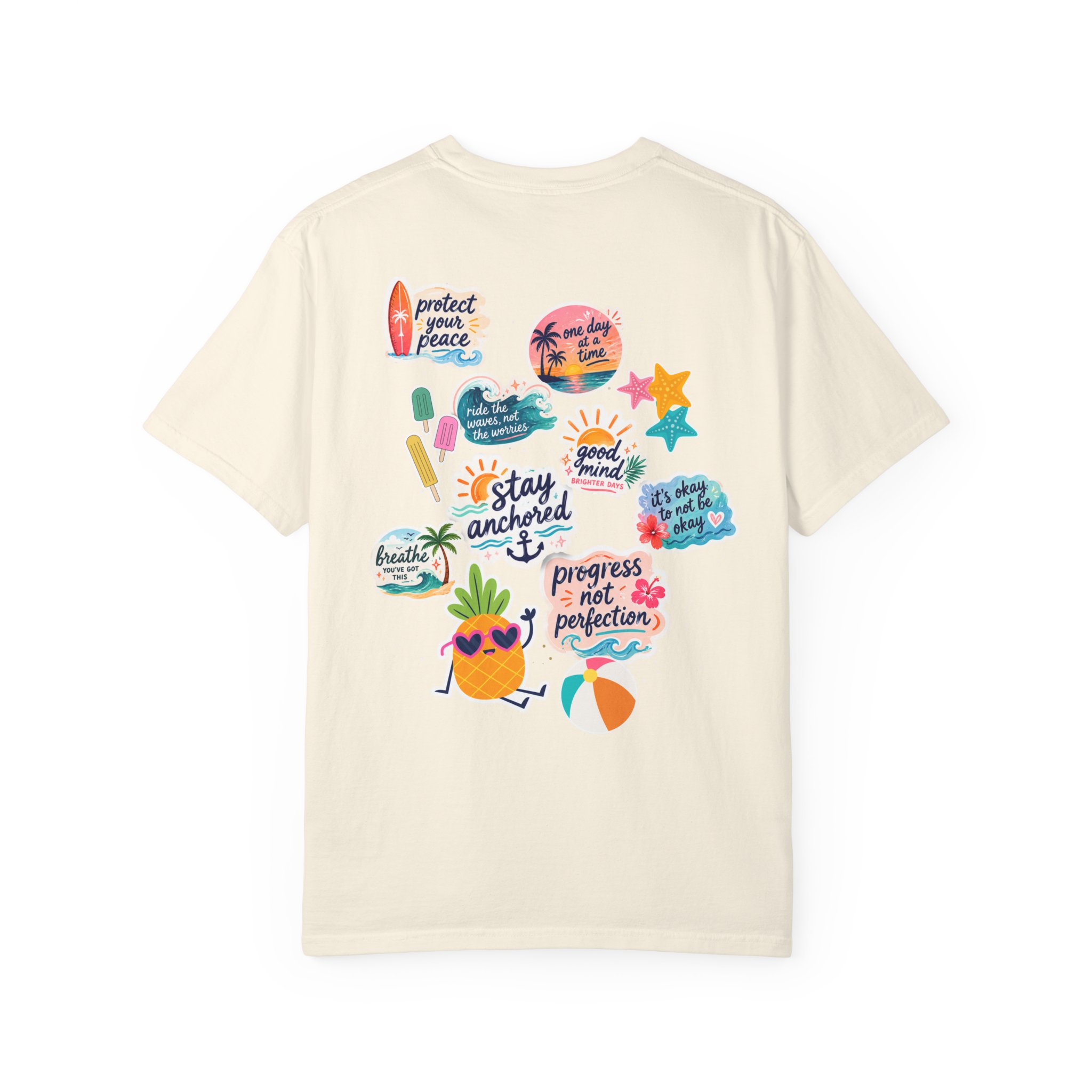 13666283765723029894_2048jpeg - Anchored Beige T-shirt with a colorful back graphic of tropical stickers and phrases sun and sea elements note.