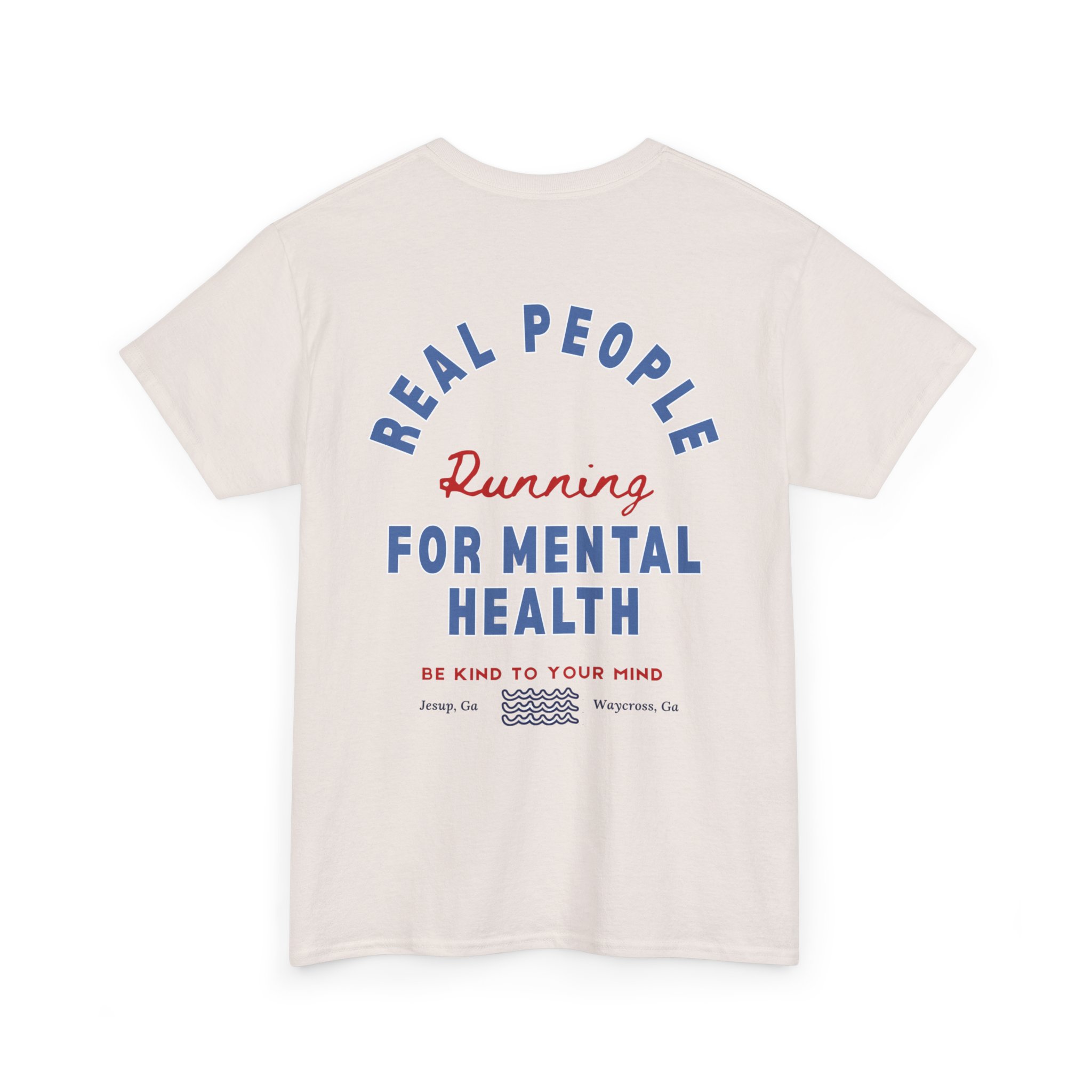 14368427041622543384_2048jpeg - Anchored Beige T-shirt with blue curved text reading 'REAL PEOPLE' around a red 'Running' and blue 'FOR MENTAL HEALTH' plus decorative waves and small city names visible below.