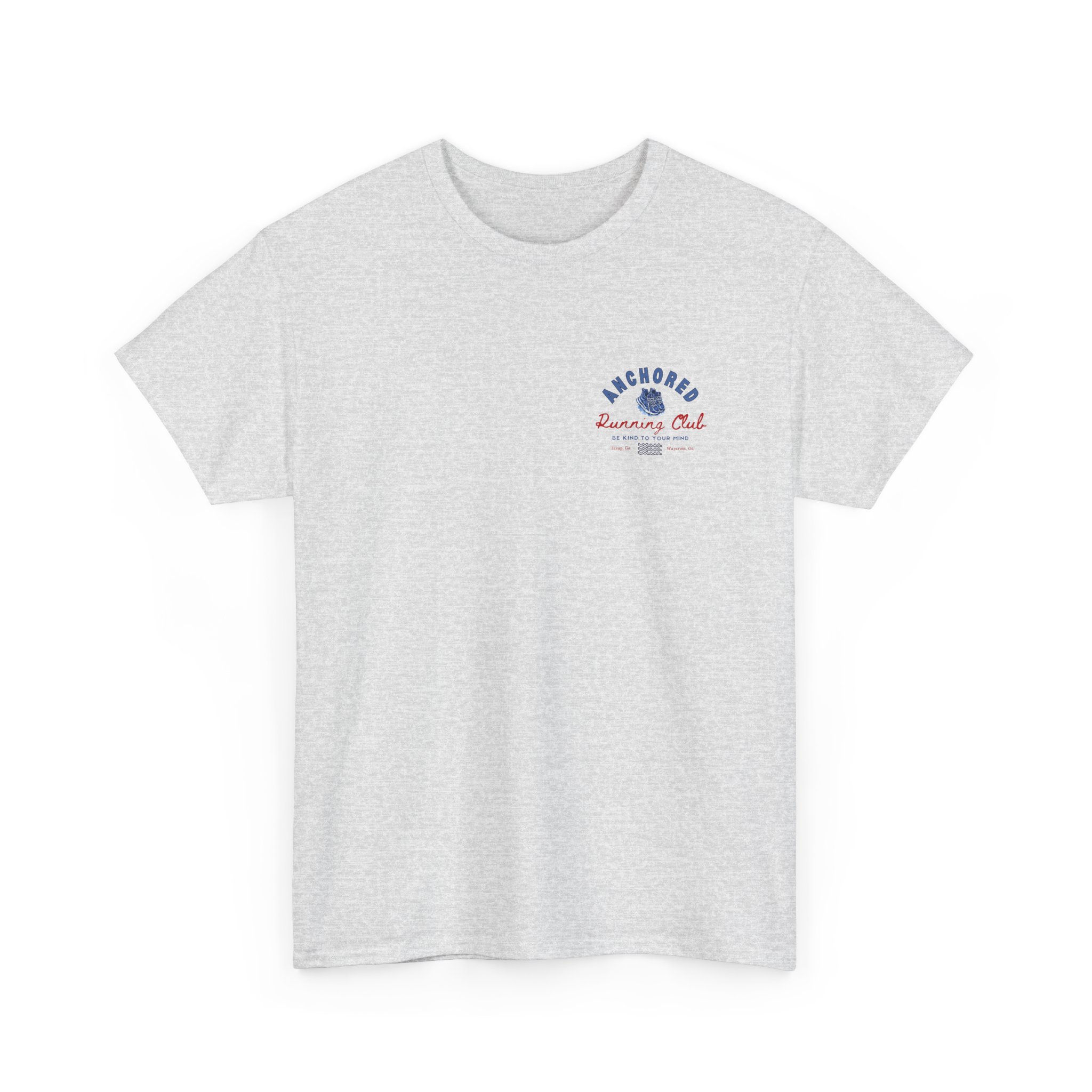 14368714930926421777_2048jpeg - Anchored Light gray T-shirt with a small left-chest logo: blue circular emblem and red 'Anchored Running Club' text close to the heart area.
