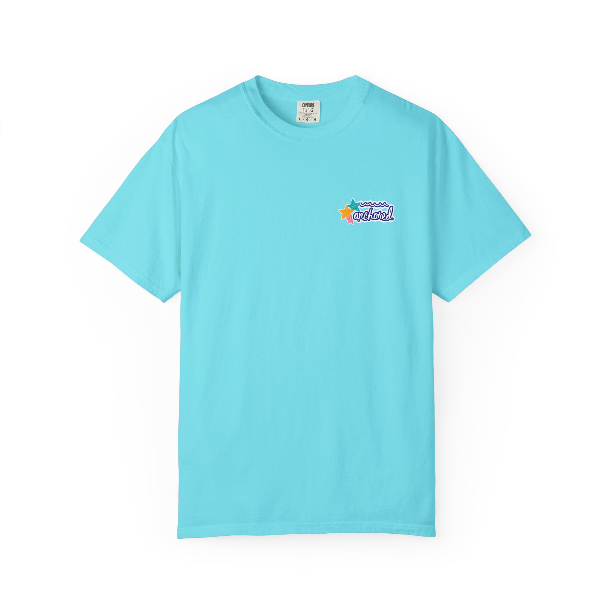 1468819008351791680_2048jpeg - Anchored Turquoise short-sleeve T-shirt with a small colorful logo on the left chest and a neck label visible edge-to-edge background.