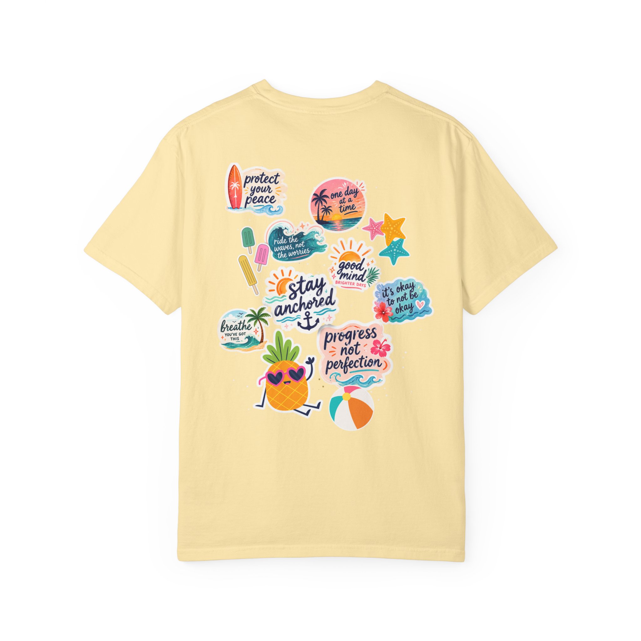 15527254248768218173_2048jpeg - Anchored Back of a pale yellow t-shirt covered in bright tropical sticker designs and quotes.