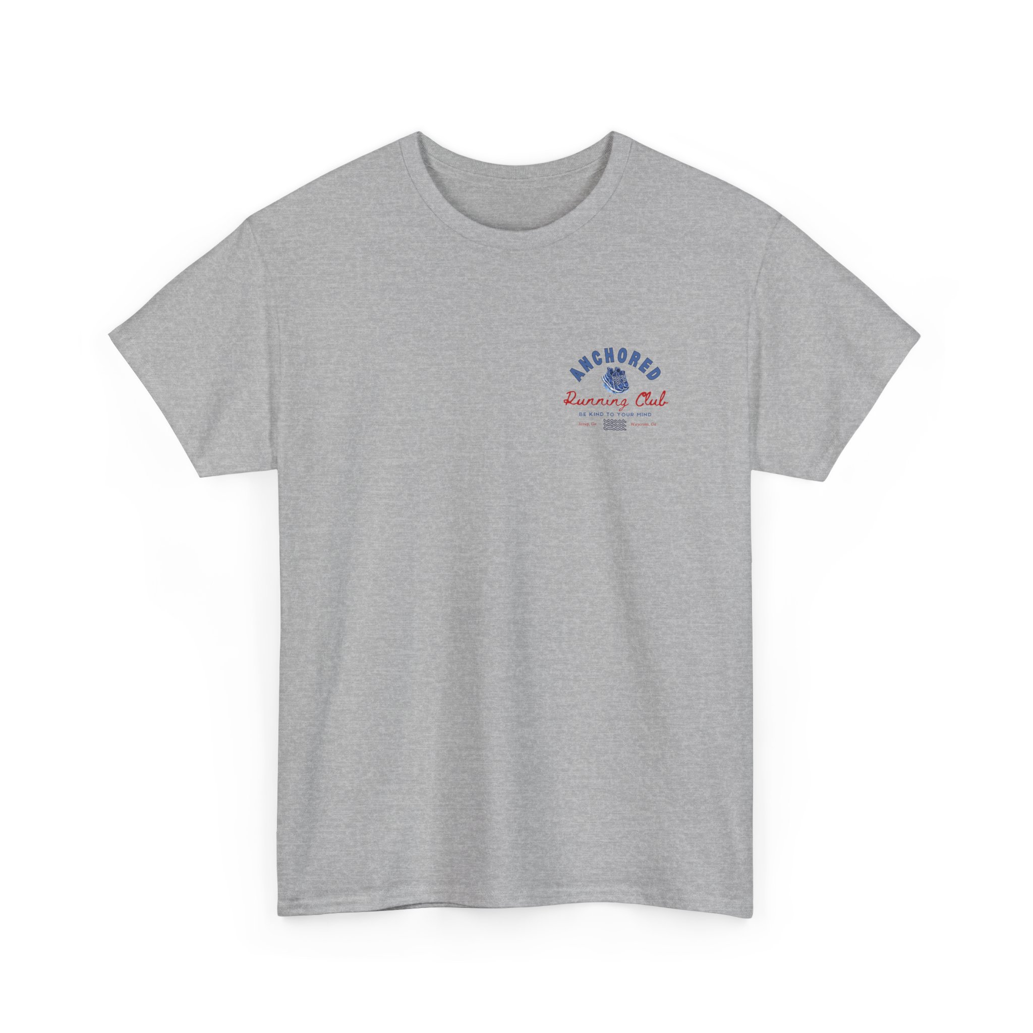 16699940505124568773_2048jpeg - Anchored Gray t-shirt with a small circular blue and red logo reading 'Anchored Running Club' on the chest area, on a plain white background