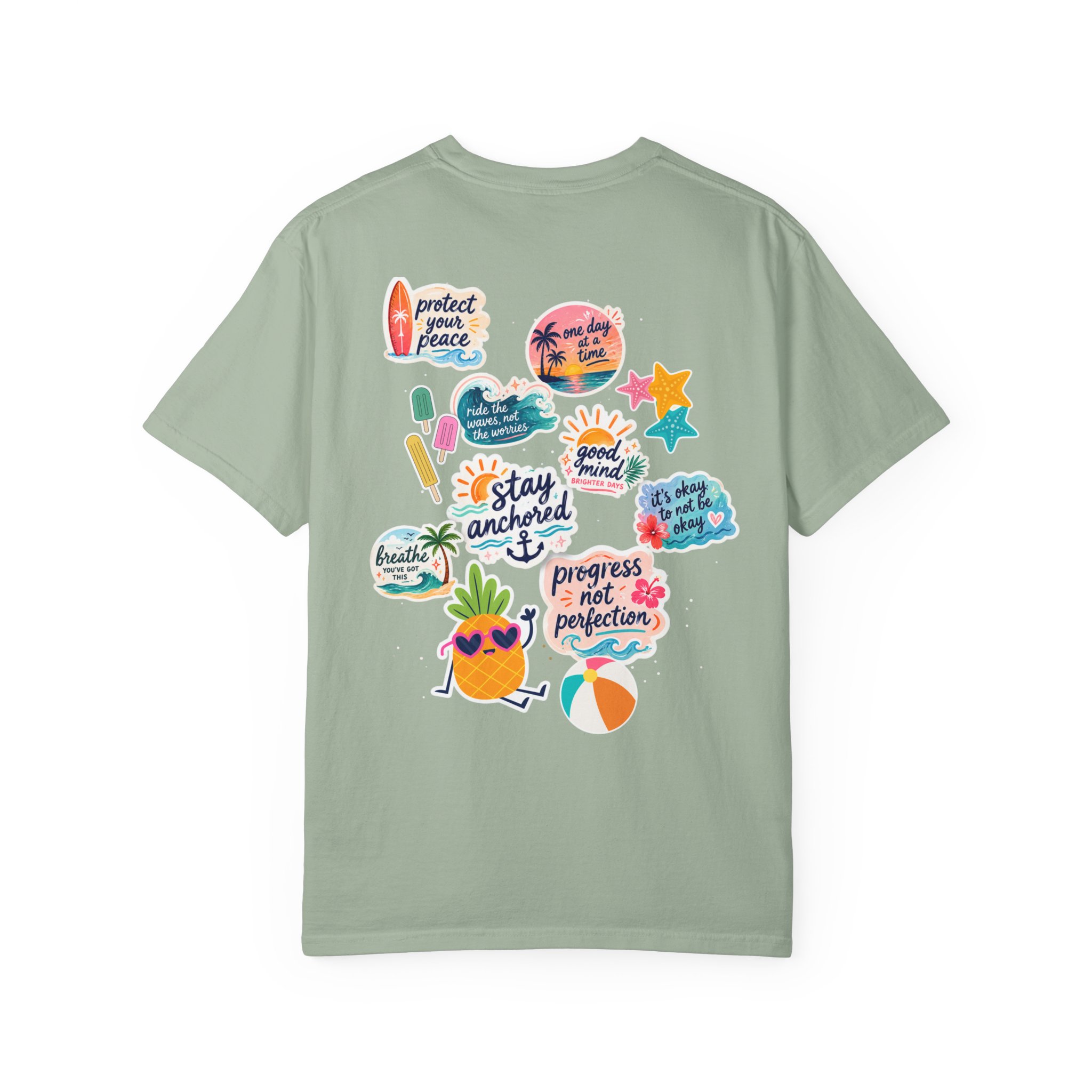 17106651778003318773_2048jpeg - Anchored Mint-green t-shirt covered with colorful beach-themed stickers and phrases like 'stay anchored' and 'good mind' on the back.