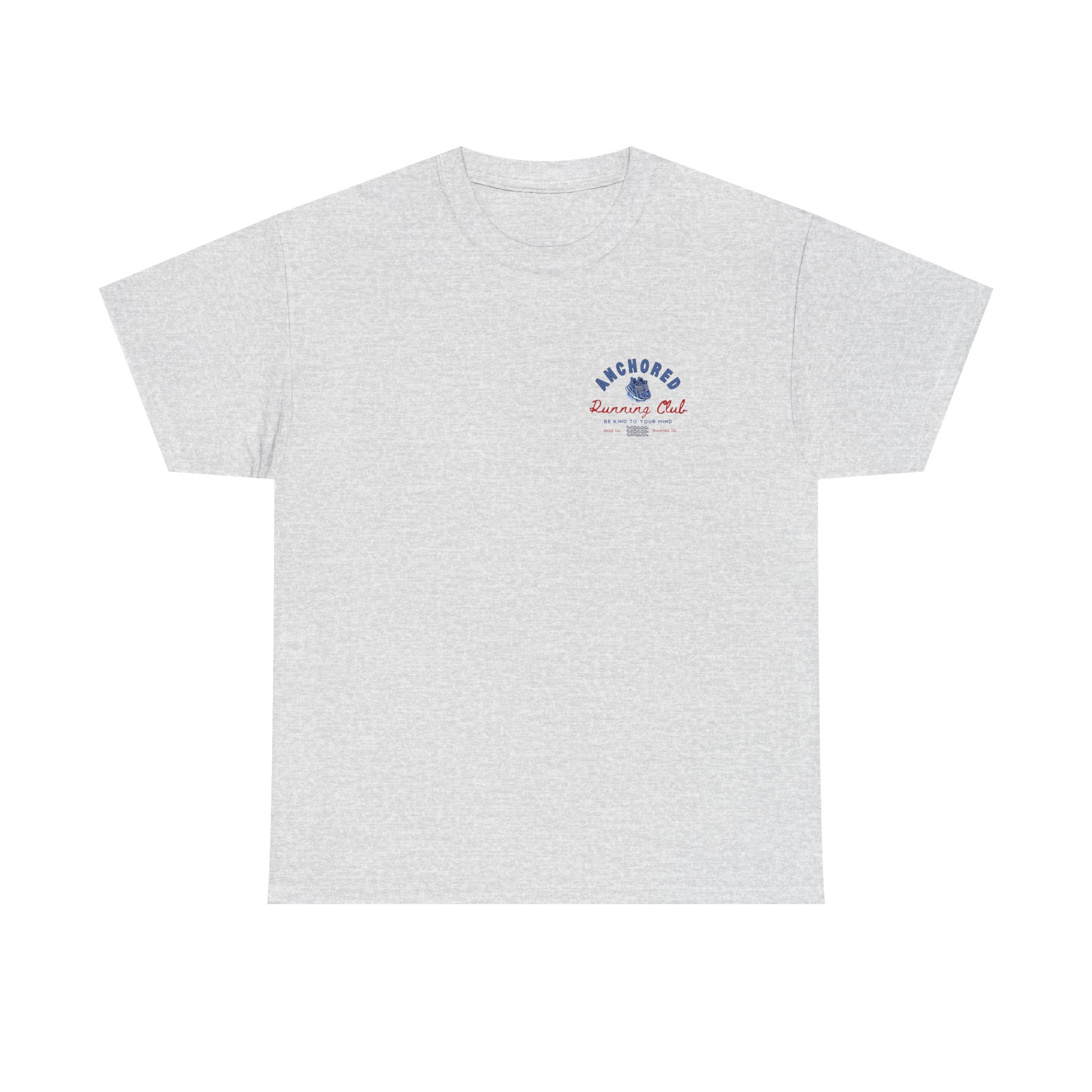 17171132382152963950_2048jpeg - Anchored Light gray heather T-shirt with a small blue and red 'Anchored Running Club' logo on the chest