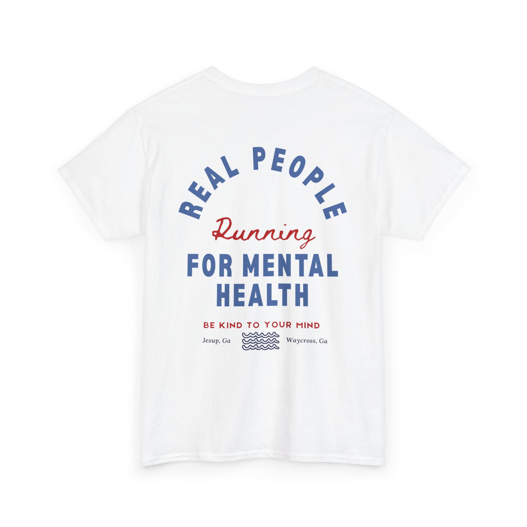 1955919502736153552_2048jpeg - Anchored White T-shirt with circular blue text saying 'REAL PEOPLE' around a red 'Running' and blue text 'FOR MENTAL HEALTH' below, plus small location icons.