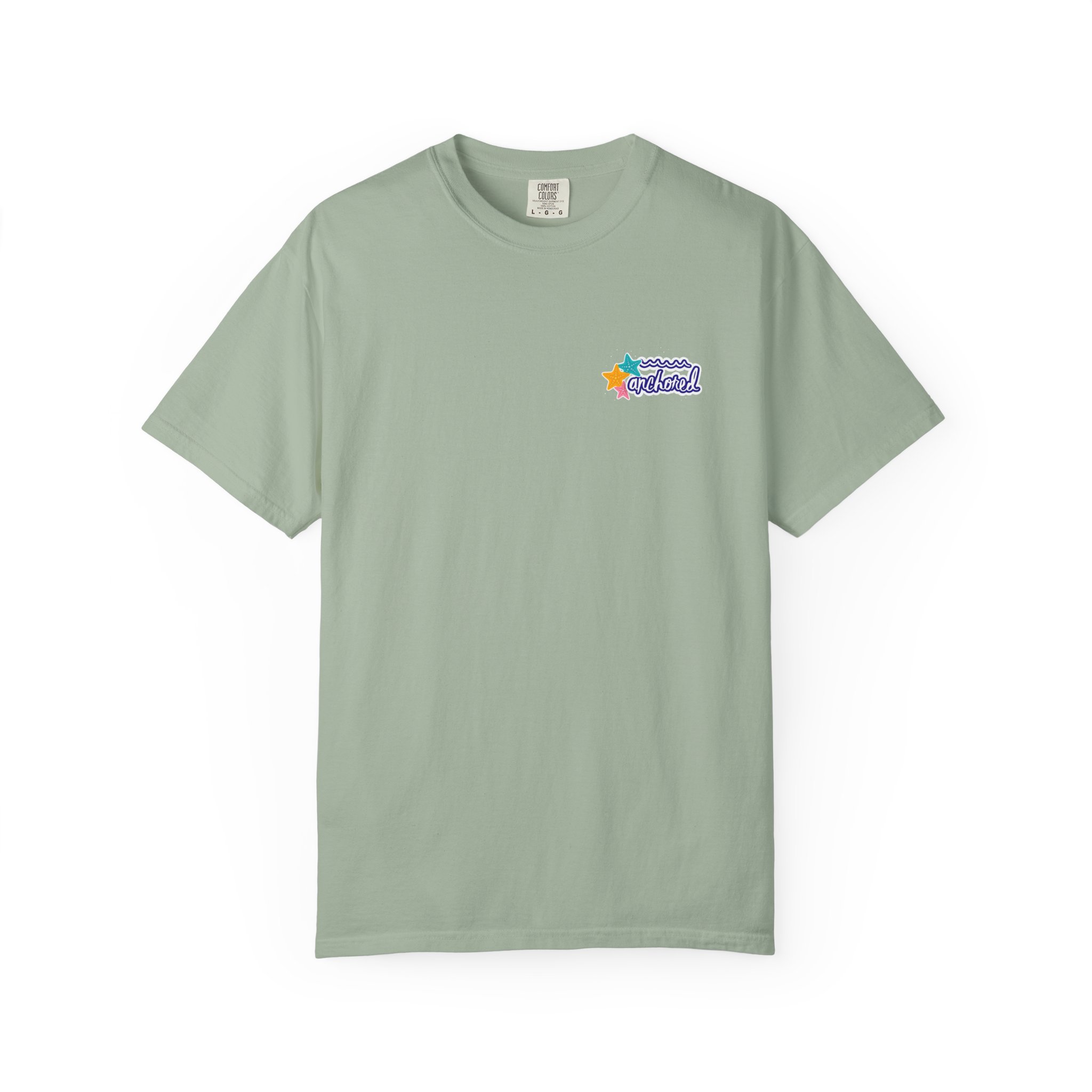 2375935566638246100_2048jpeg - Anchored Light green T-shirt featuring a small multicolored patch on the left chest with stars and waves design.