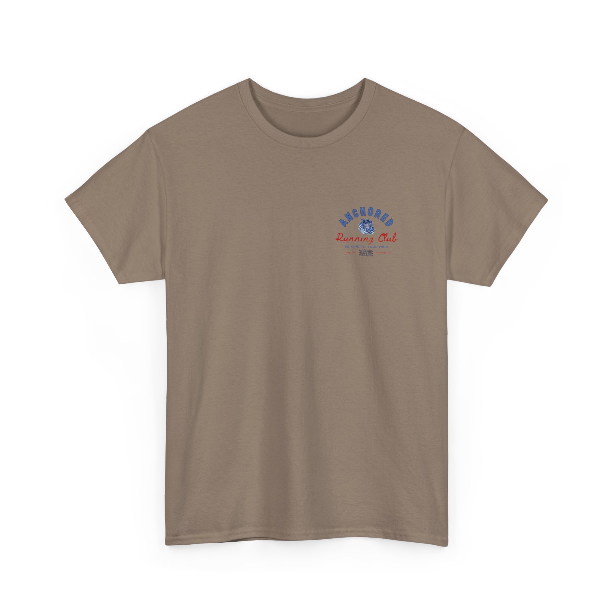 382992283430847220_2048jpeg - Anchored Tan T-shirt with small blue and red logo reading 'Anchored Running Club' on the left chest area.