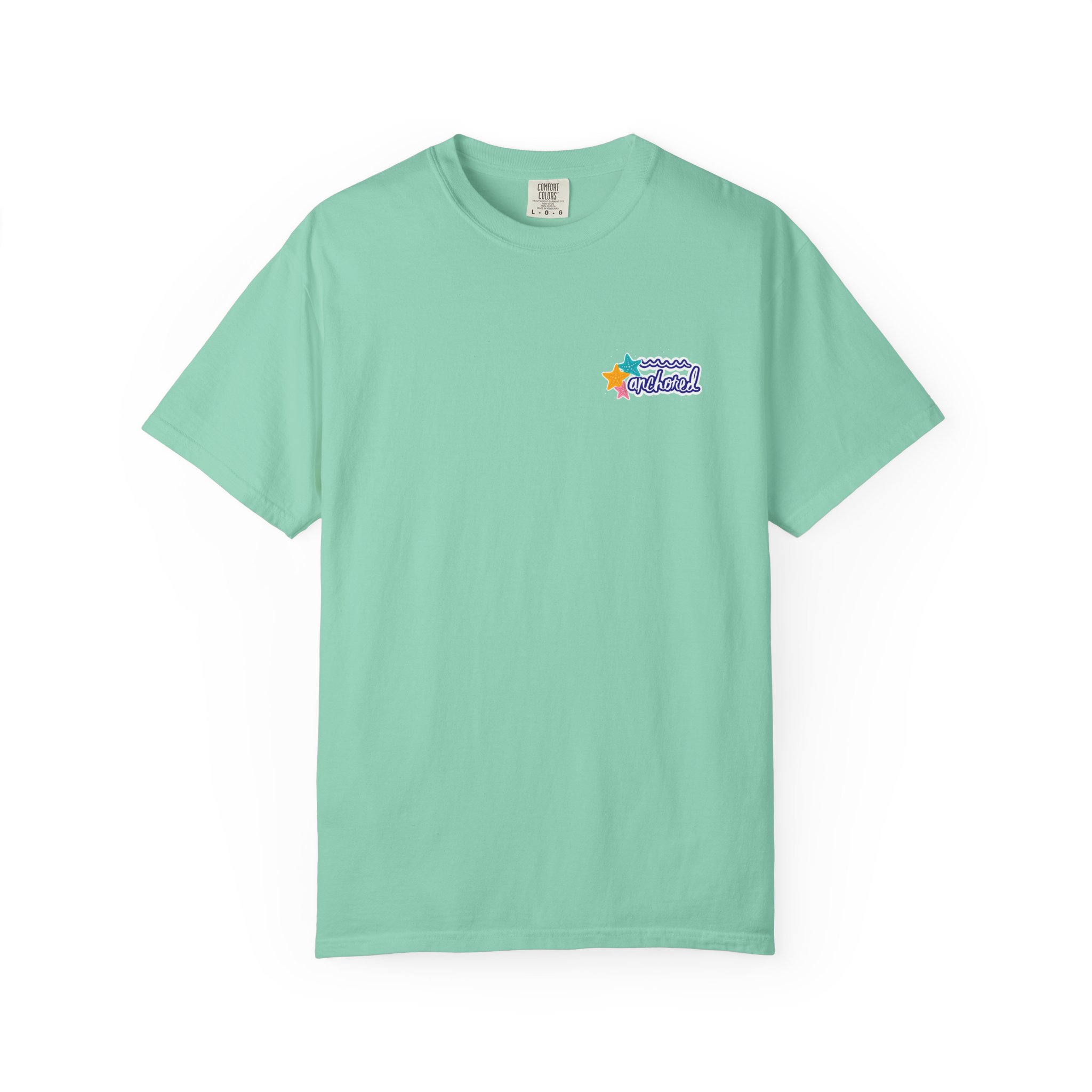 3951831389616570001_2048jpeg - Anchored Mint green short-sleeve T-shirt with a small colorful starfish graphic on the chest and a white tag at the neckline.