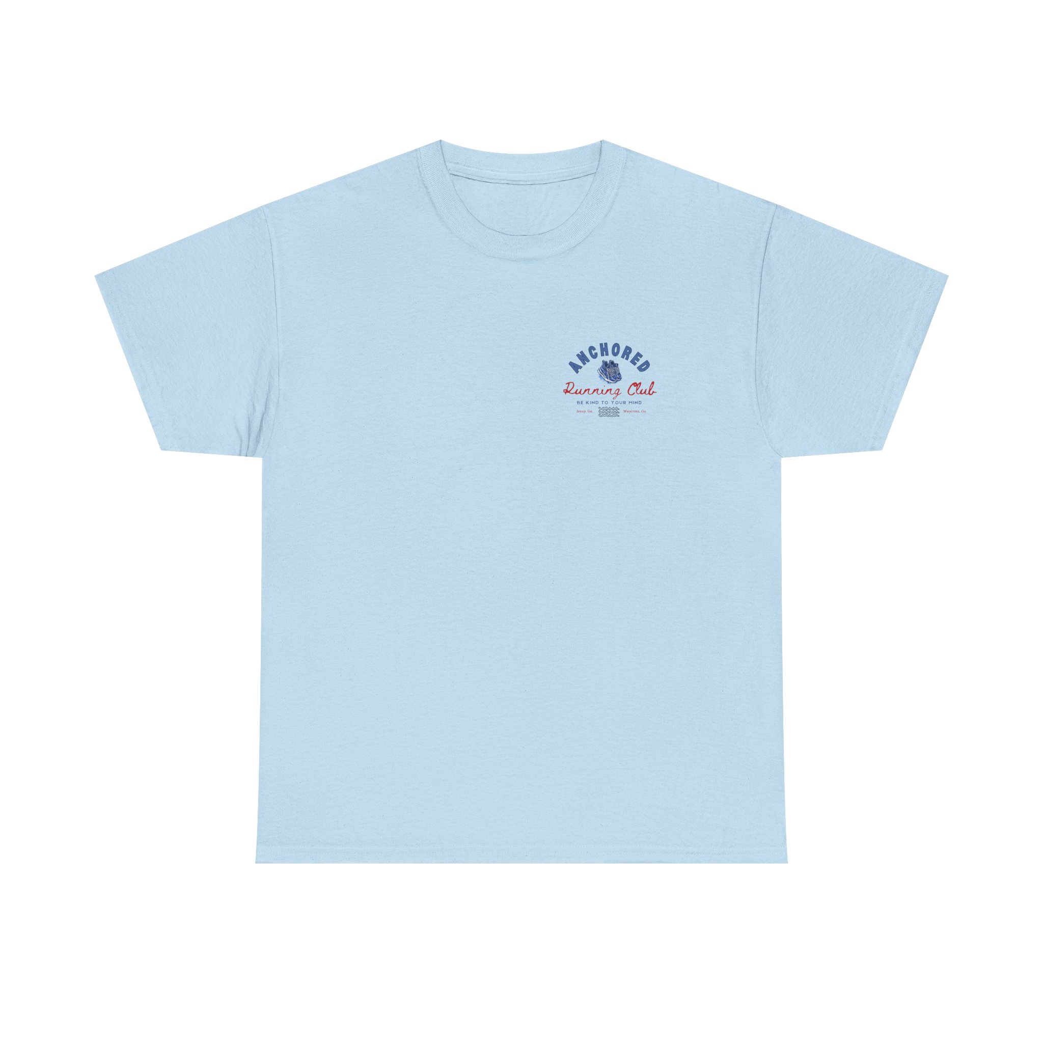 4011586104034767919_2048jpeg - Anchored Light blue T-shirt with a small chest logo reading 'Anchored Running Club' in blue and red.