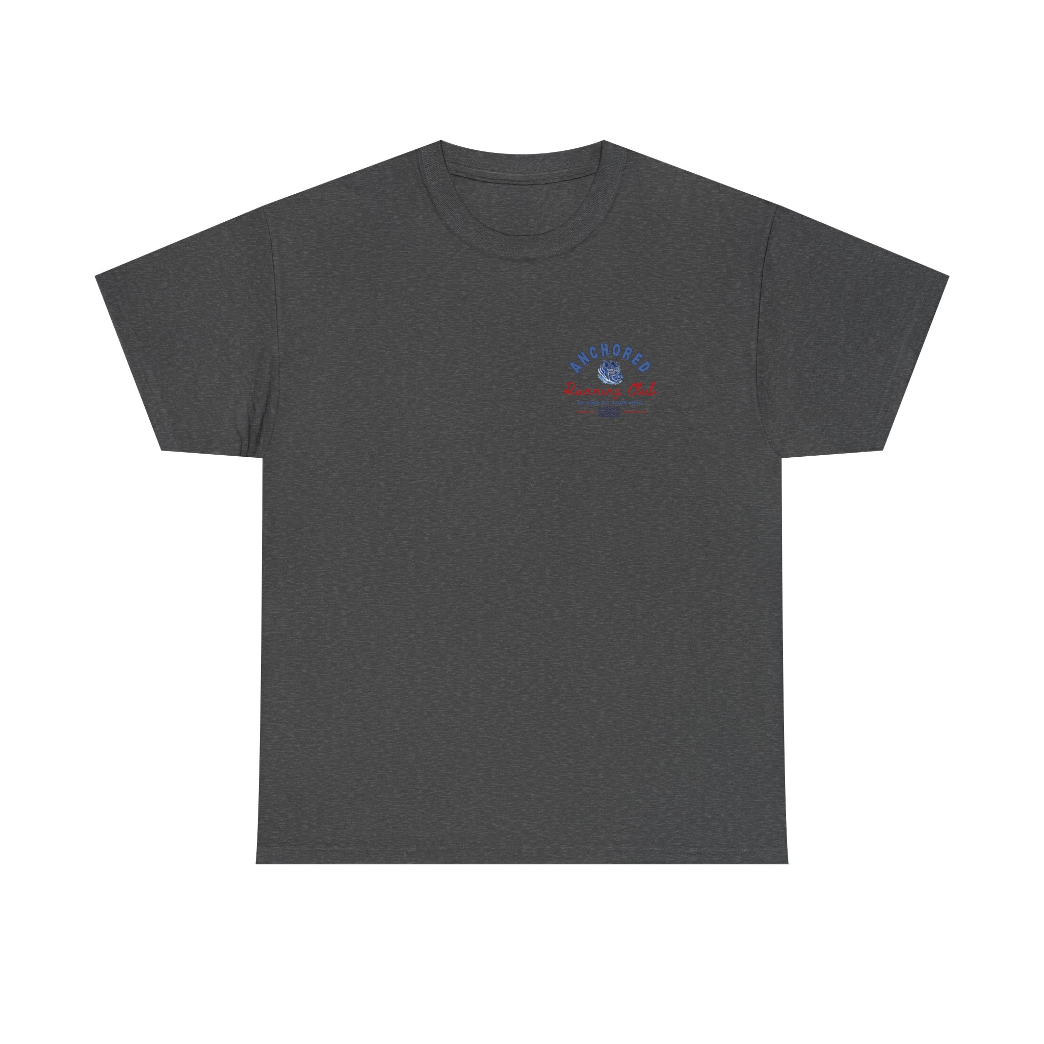 4029118081349008242_2048jpeg - Anchored Dark heather gray T-shirt showing a small chest logo in blue and red text.