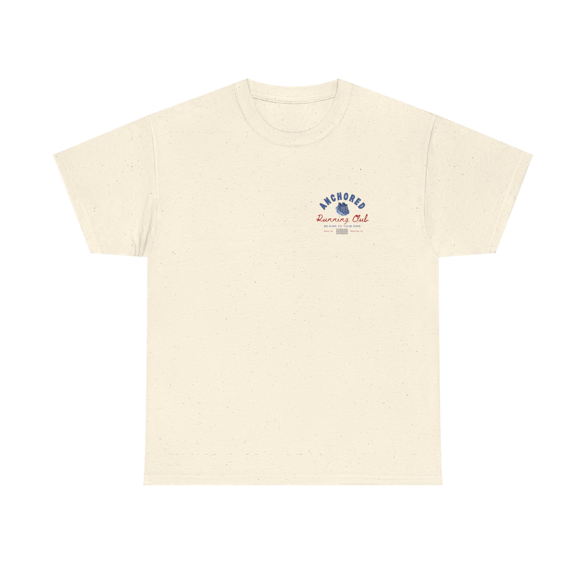 4378689184946452536_2048jpeg - Anchored Beige speckled T-shirt with a small blue and red 'Anchored Running Club' logo on the chest area.