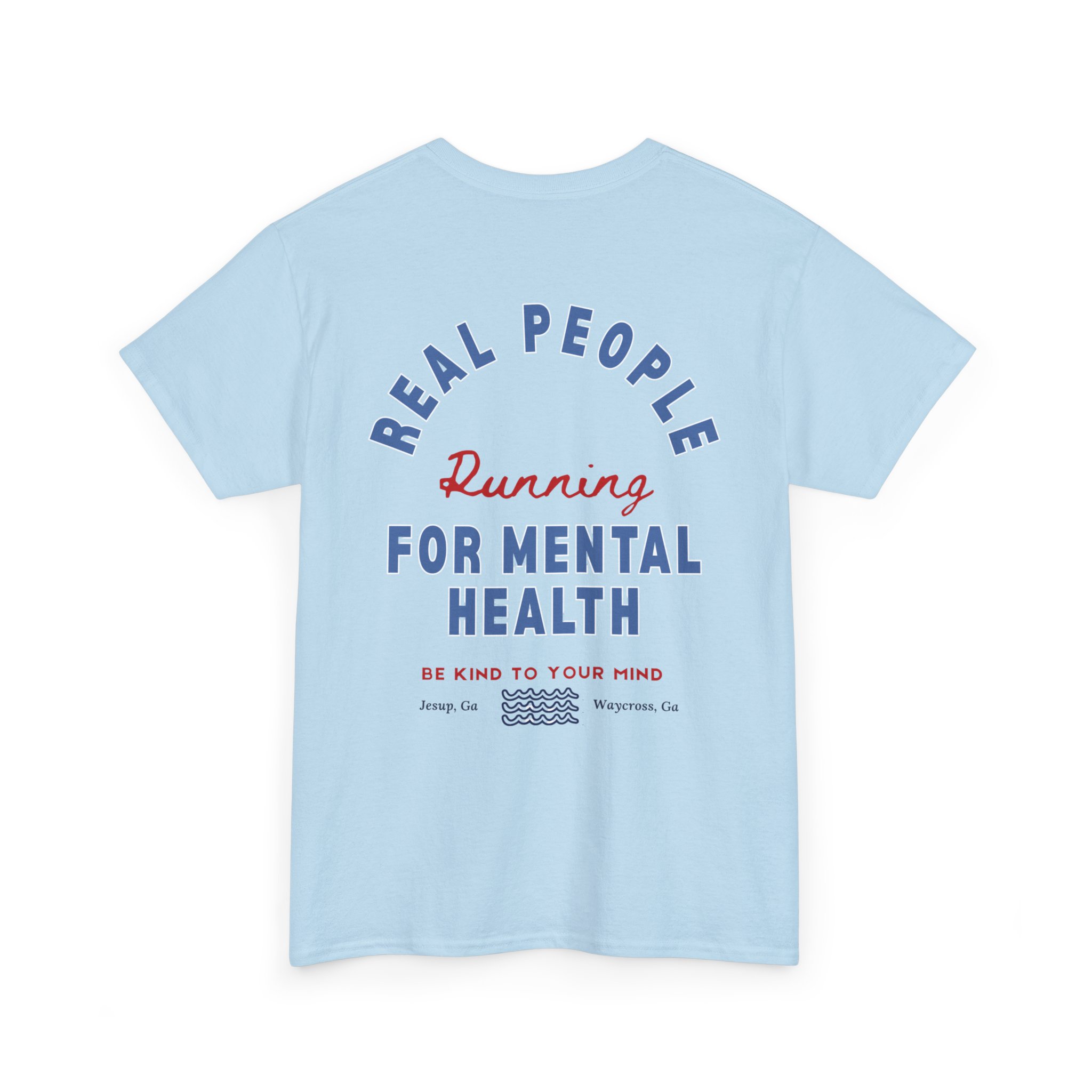 4633318185107567011_2048jpeg - Anchored Light blue T-shirt displaying a circular design with dark blue text 'REAL PEOPLE' around and red script reading 'Running', promoting mental health.