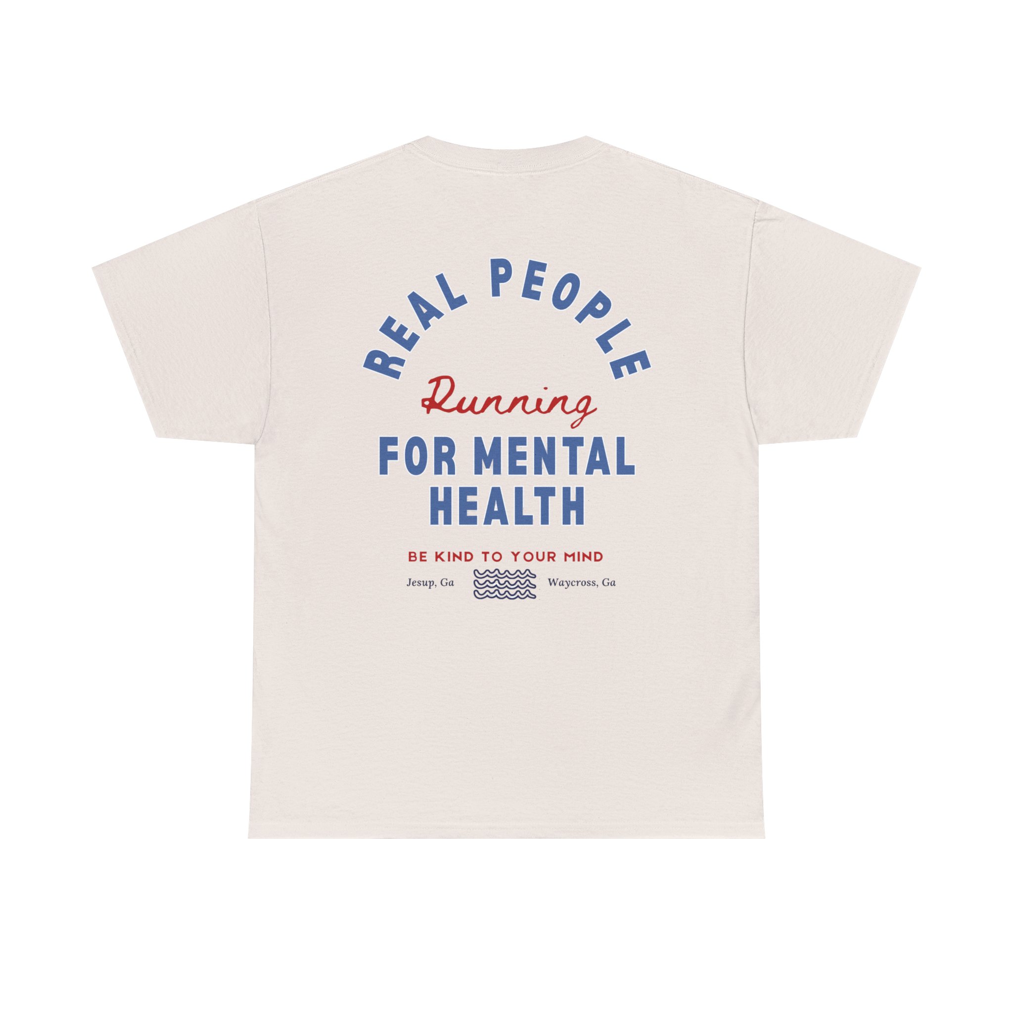 4660549601230172150_2048jpeg - Anchored Beige T-shirt back showing a blue circular slogan 'REAL PEOPLE' with red 'Running' and large blue text 'FOR MENTAL HEALTH' beneath, promoting mental health awareness.