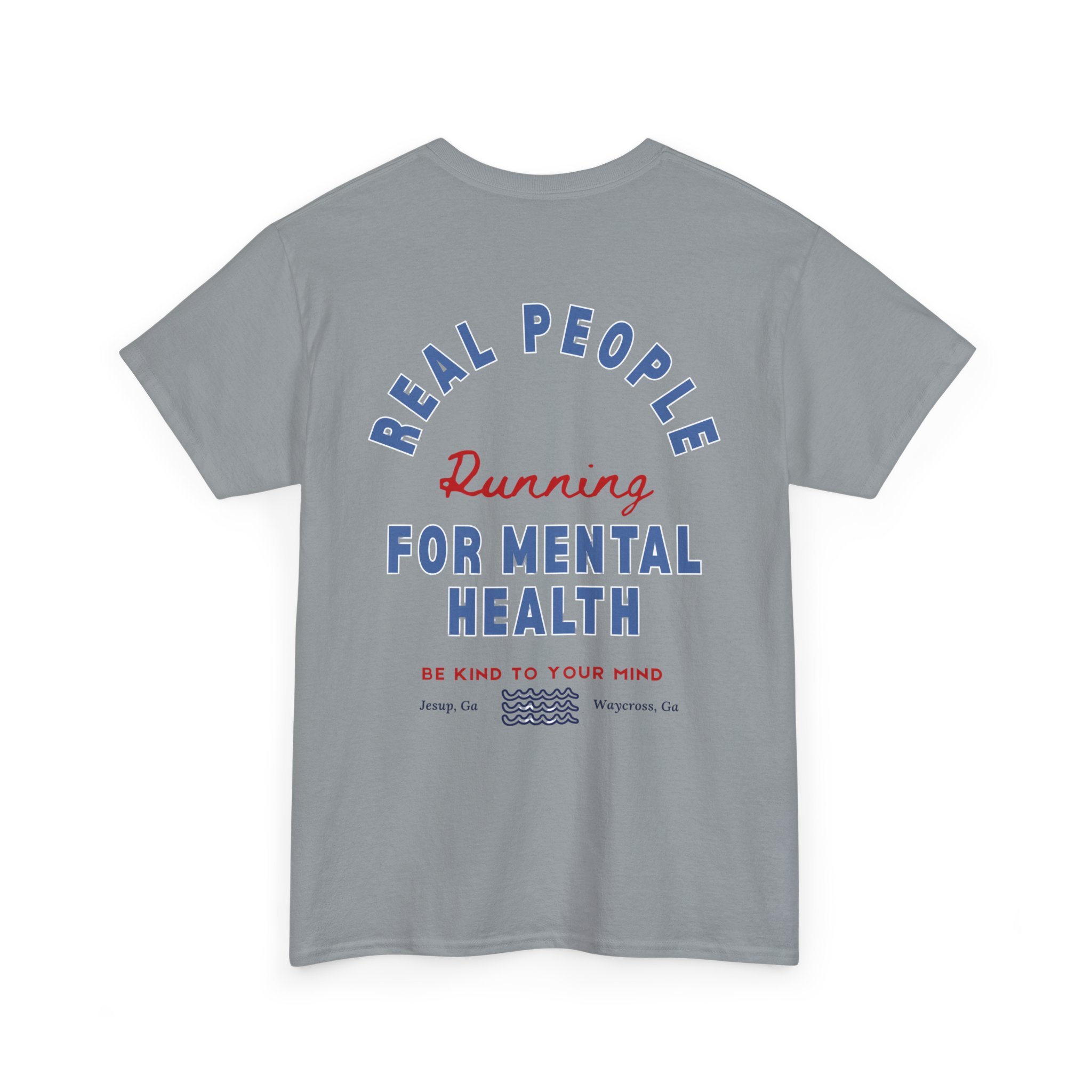 5031828167527204661_2048jpeg - Anchored Gray T-shirt featuring curved blue text reading 'REAL PEOPLE' around a red 'Running', with blue 'FOR MENTAL HEALTH' underneath and small wave icons at the bottom.