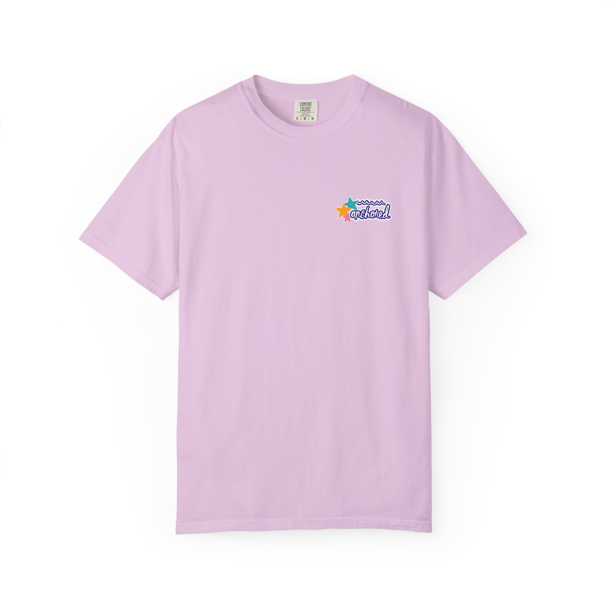 5376564923685350989_2048jpeg - Anchored Lavender T-shirt with a small, colorful chest patch (stars and waves) on the left front.
