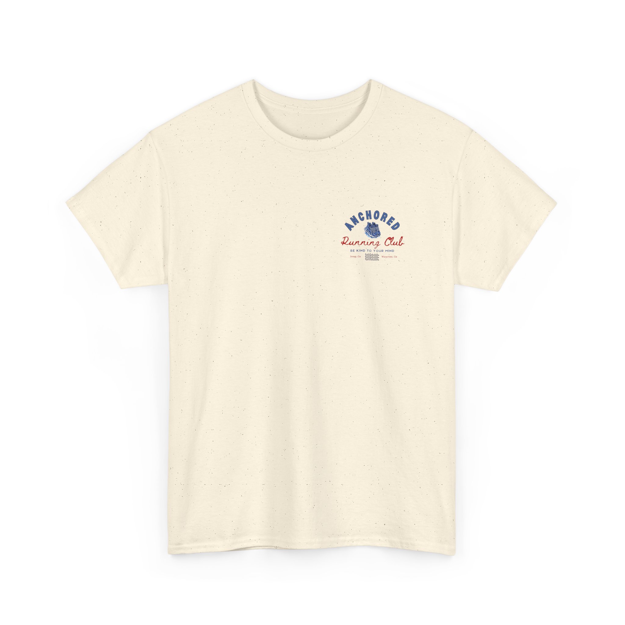 5503588671192914491_2048jpeg - Anchored Beige speckled t-shirt with a small blue circular logo on the chest reading 'Anchored Running Club'.