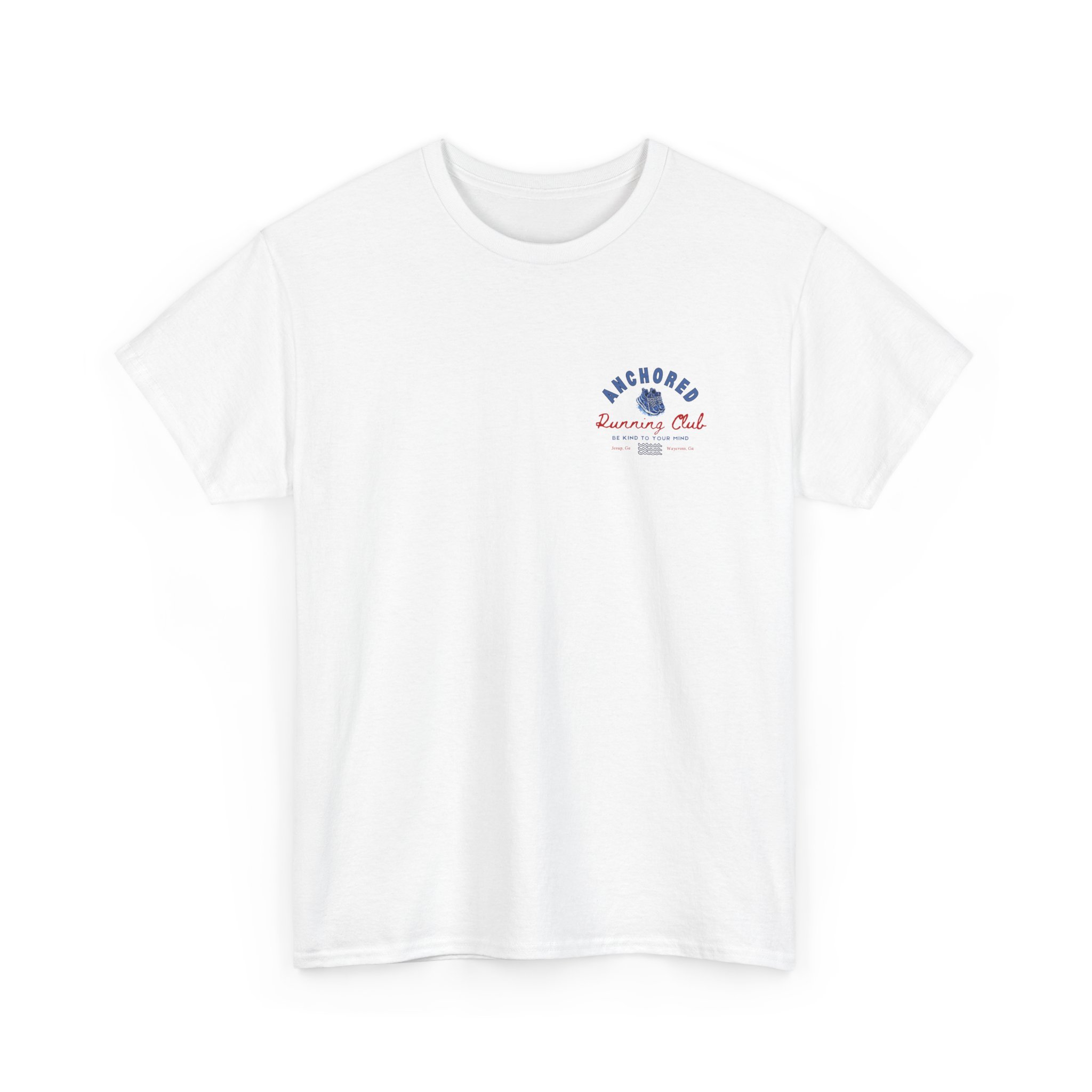 6034073837928021731_2048jpeg - Anchored White T-shirt with a small blue anchor graphic and red 'Anchored Running Club' text on the front left chest area.