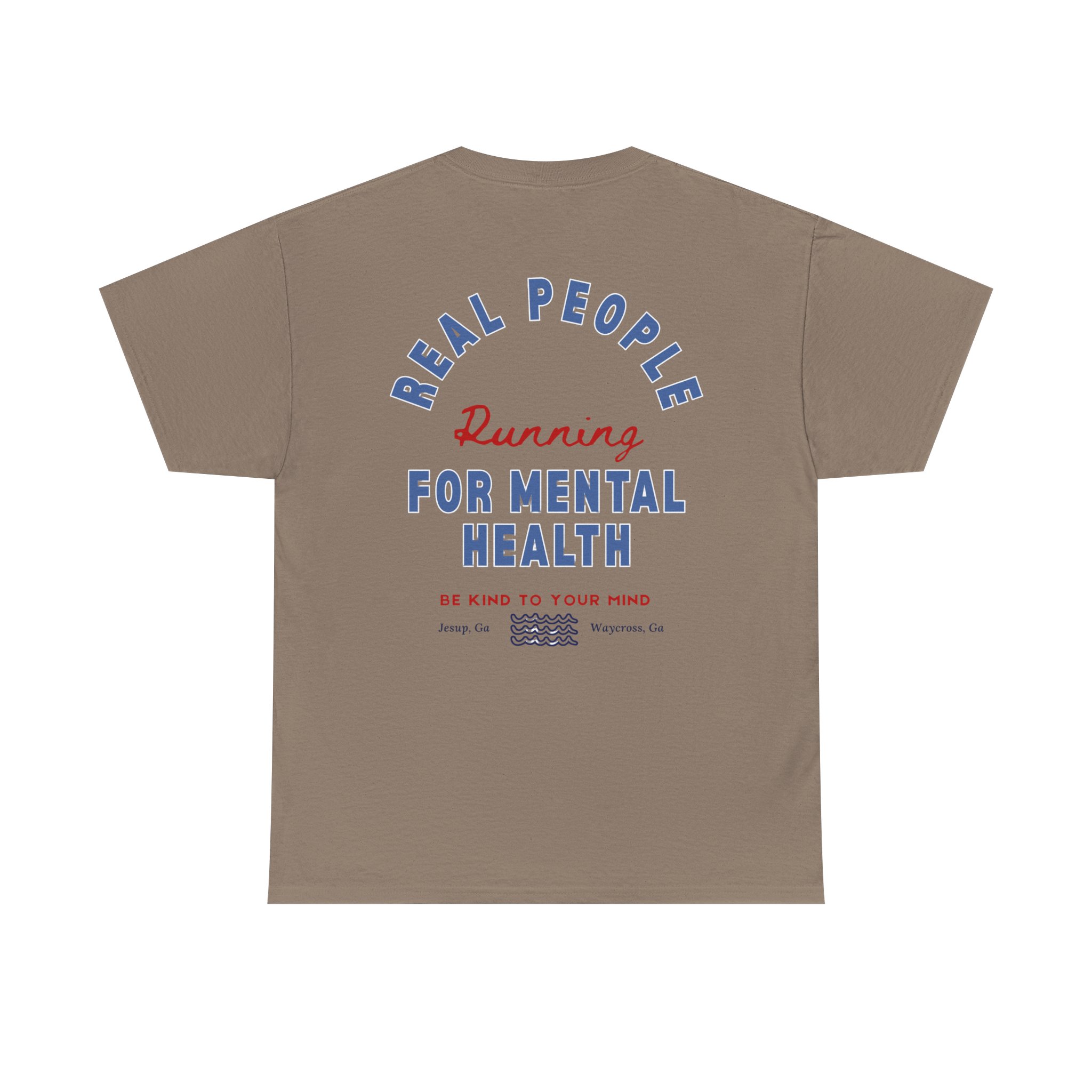 6140506592207286758_2048jpeg - Anchored Back of a tan T-shirt with curved blue text reading 'REAL PEOPLE' and a red 'Running' script over 'FOR MENTAL HEALTH'