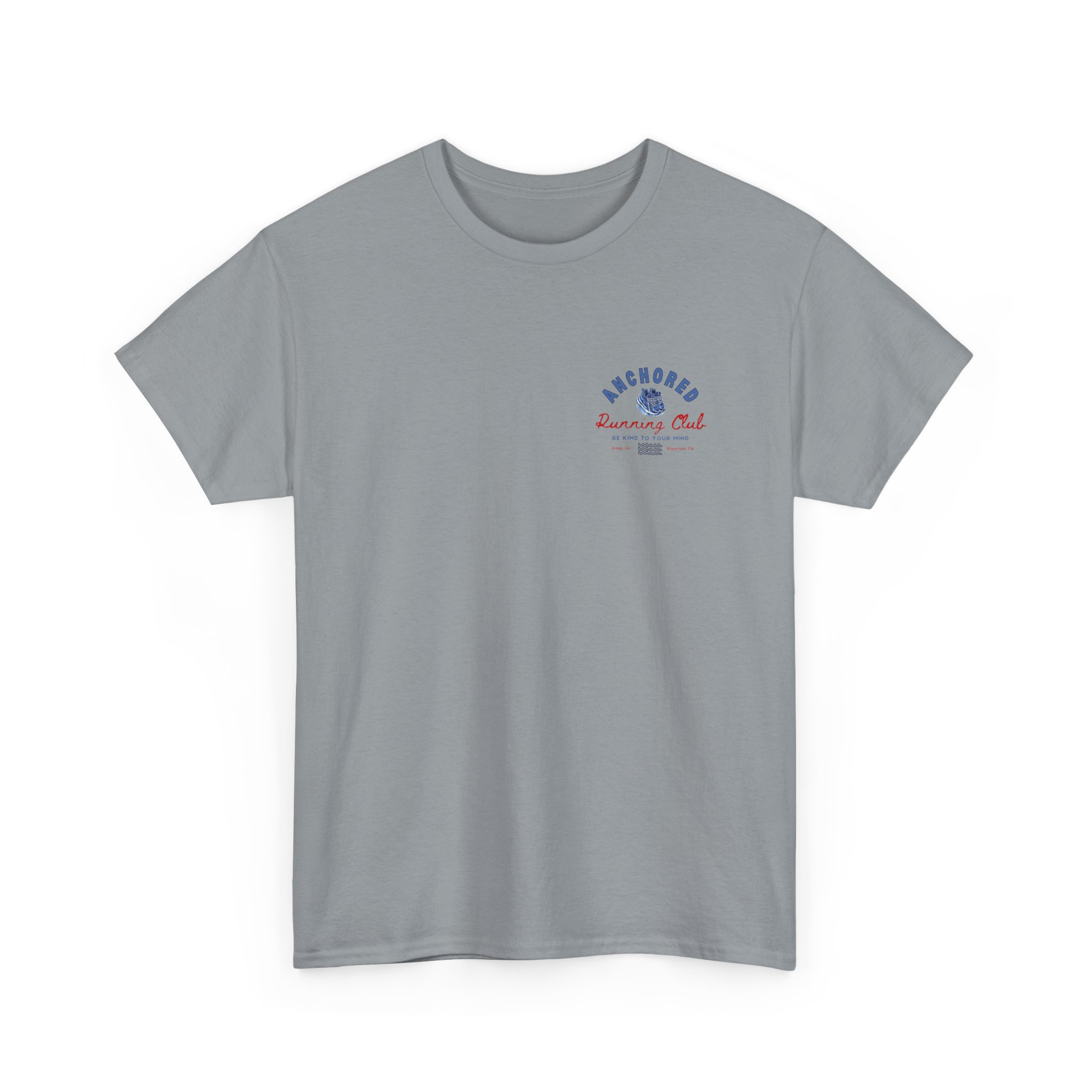 6331139234739914763_2048jpeg - Anchored Gray t-shirt featuring a small circular blue-and-red logo on the left chest, reading 'Anchored Running Club'.