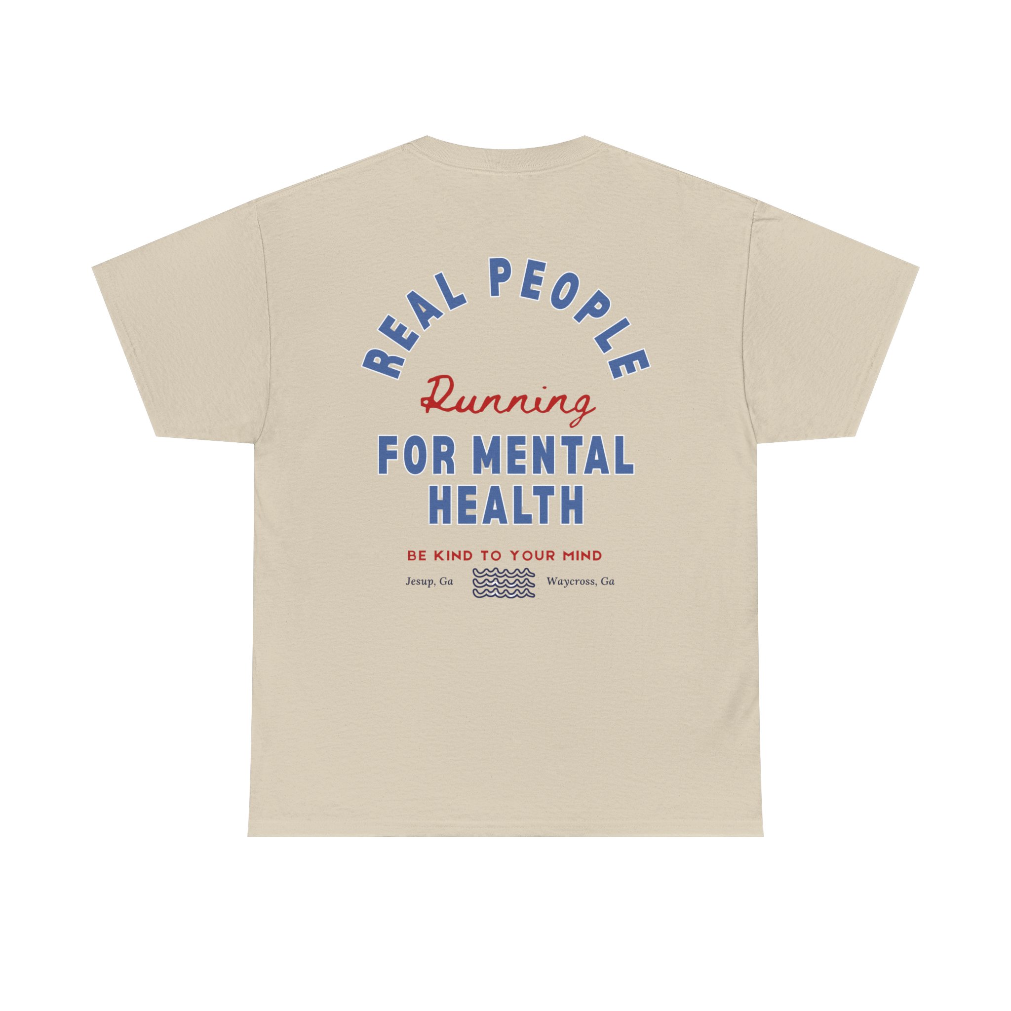 6411782342151613015_2048jpeg - Anchored Beige T-shirt with blue curved text 'Real People' and red 'Running' above 'For Mental Health' in blue letters.