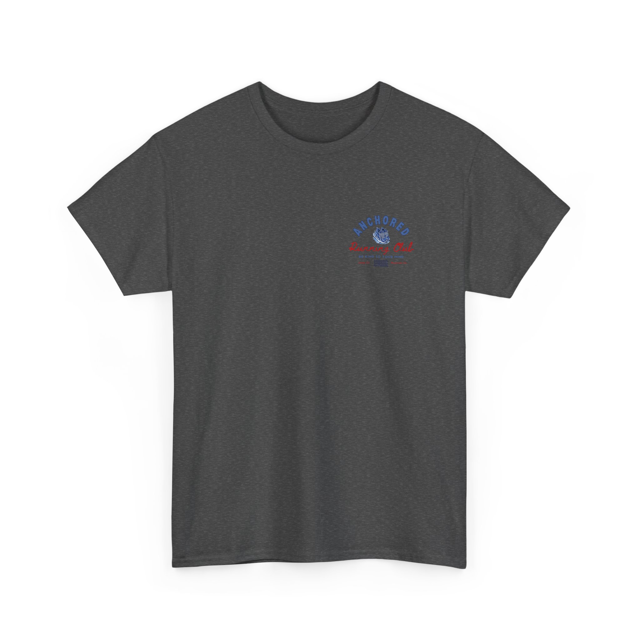 682928017976427803_2048jpeg - Anchored Dark gray heather t-shirt featuring a small blue circular logo and red text on the left chest area, visible from the front.