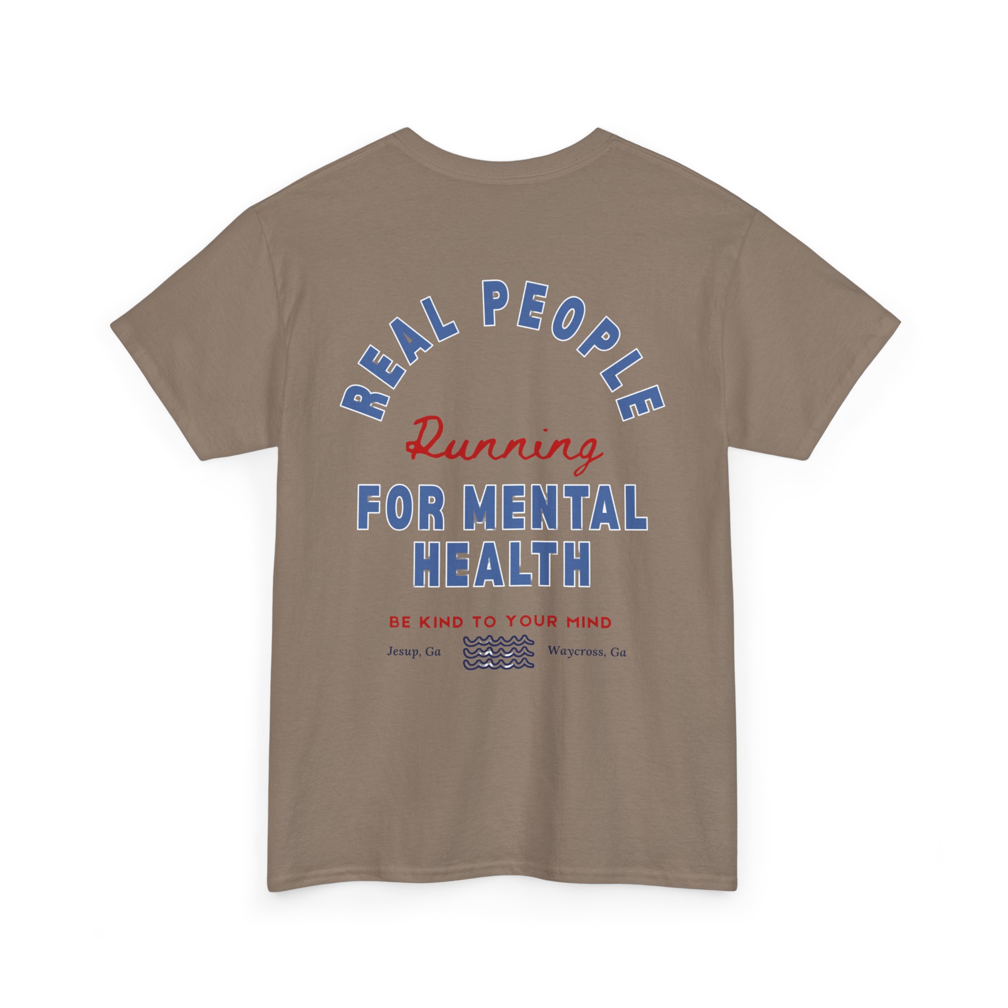 7118735617927024693_2048jpeg - Anchored Beige T‑shirt with large curved blue text reading 'REAL PEOPLE' and 'FOR MENTAL HEALTH' with red script 'Running' across the chest; bottom red tagline 'BE KIND TO YOUR MIND' appears.