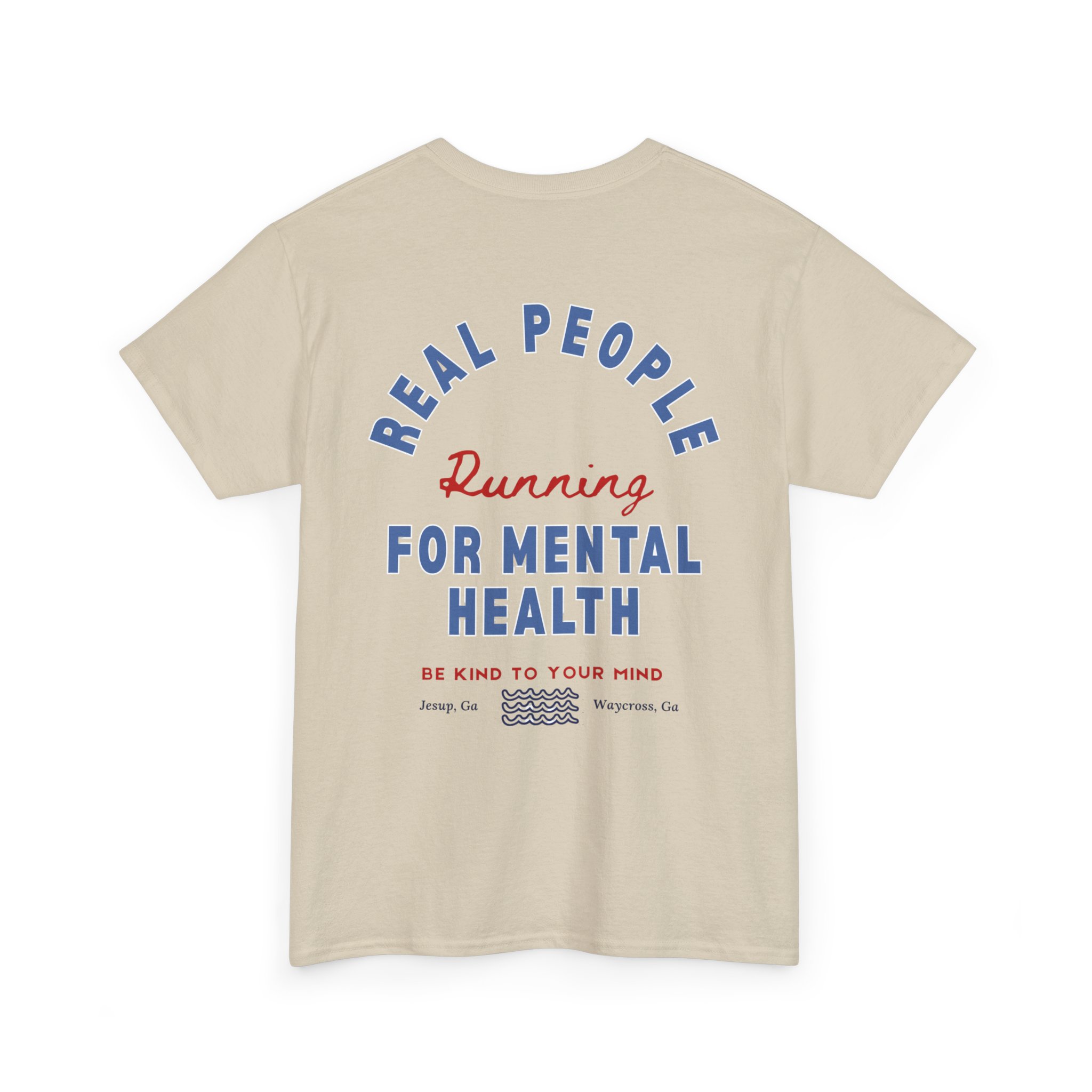 7682710299356938132_2048jpeg - Anchored Beige T-shirt showing a blue circular 'REAL PEOPLE' design with red 'Running' lettering and 'FOR MENTAL HEALTH' text below.