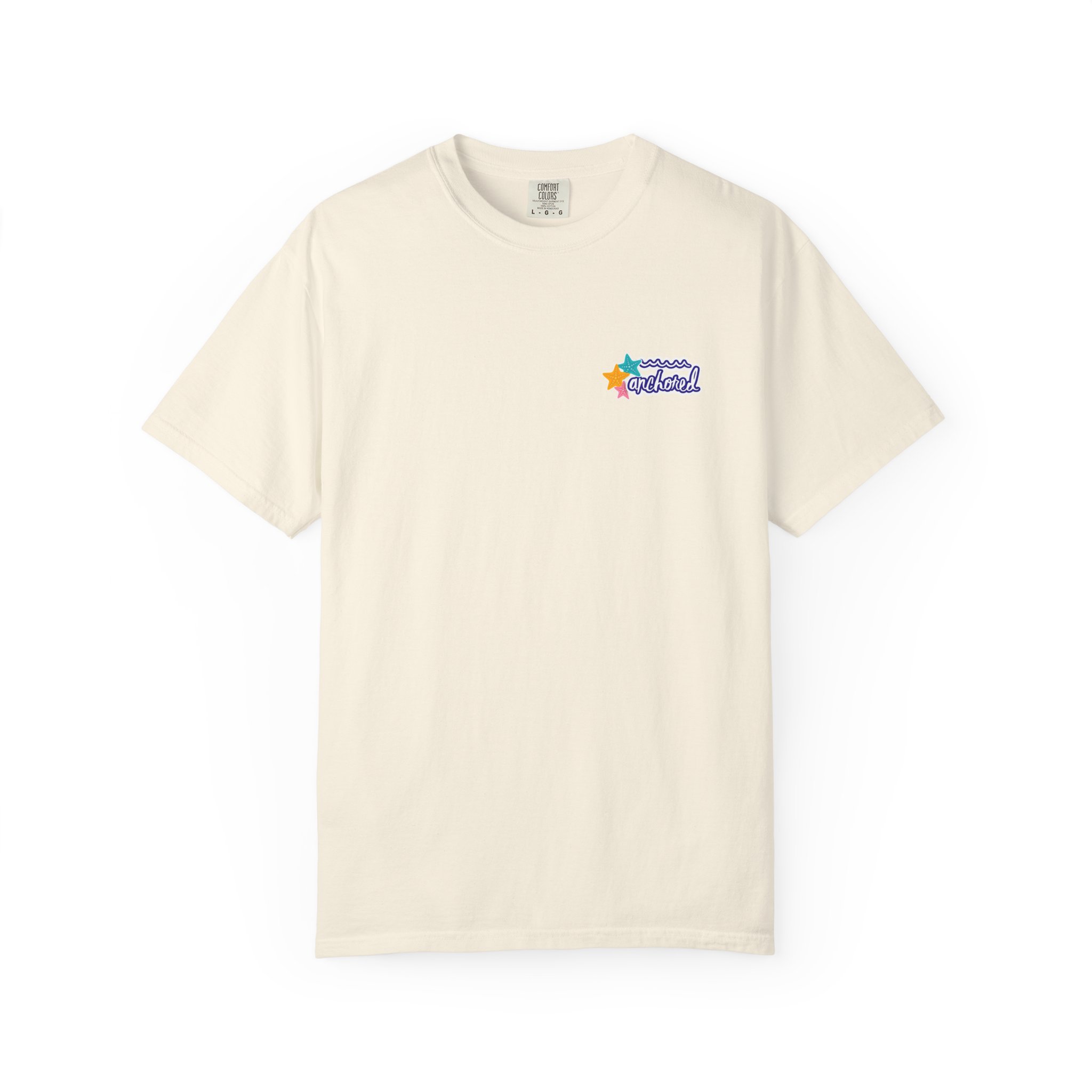 8090551811619958751_2048jpeg - Anchored Beige T-shirt with a small colorful logo of stars and waves on the left chest, reading 'Anchored'