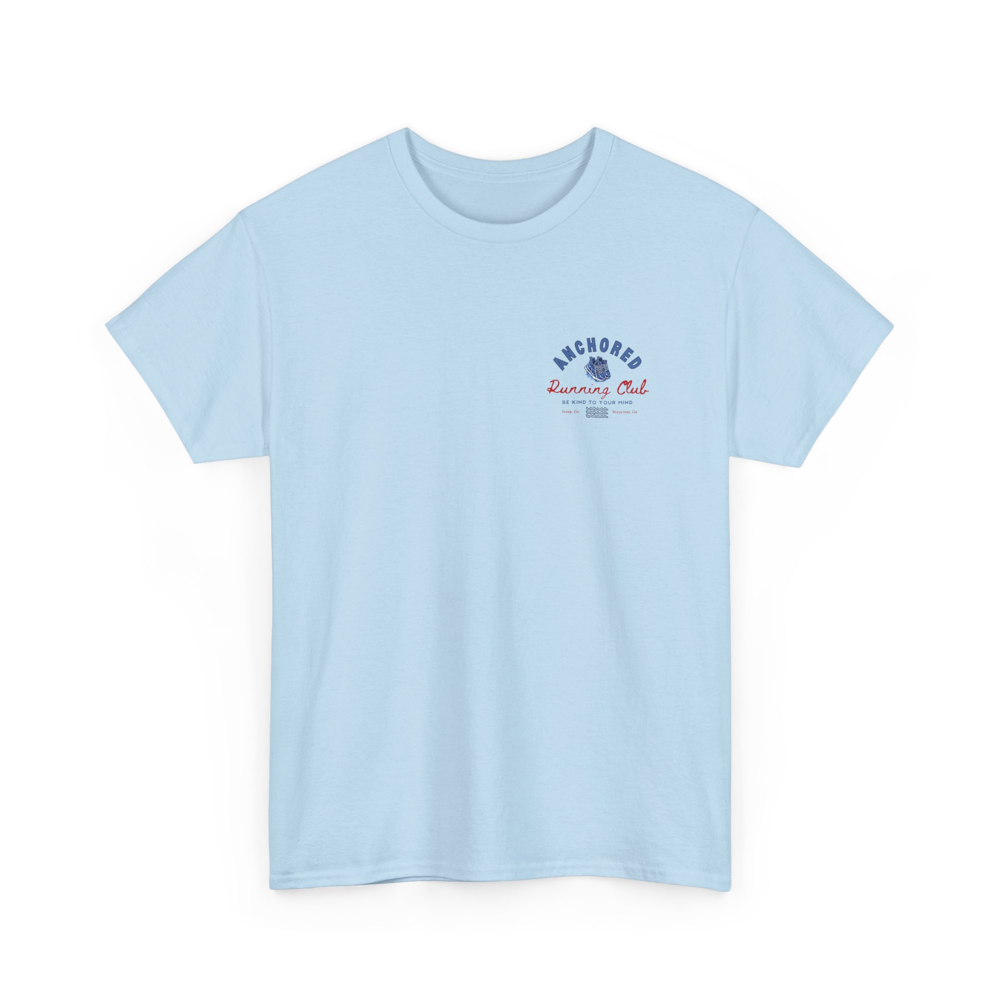 9163411890463822940_2048jpeg - Anchored Light blue T-shirt laid flat with a small circular logo on the chest reading 'Anchored Running Club' and an anchor graphic in blue and red text nearby.