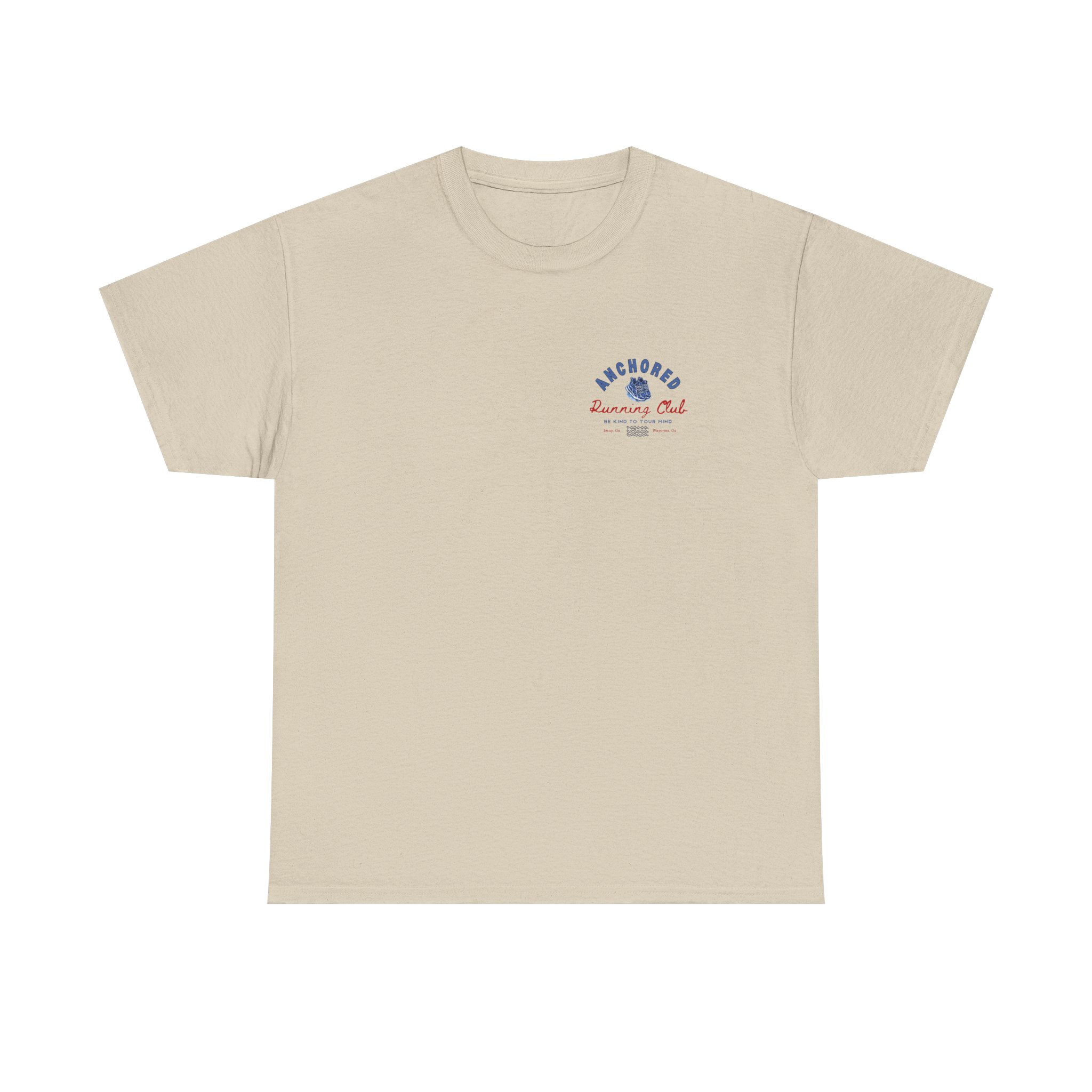 9263310300223612290_2048jpeg - Anchored Beige crew-neck T-shirt with a small blue and red logo on the chest reading 'Anchored Running Club'