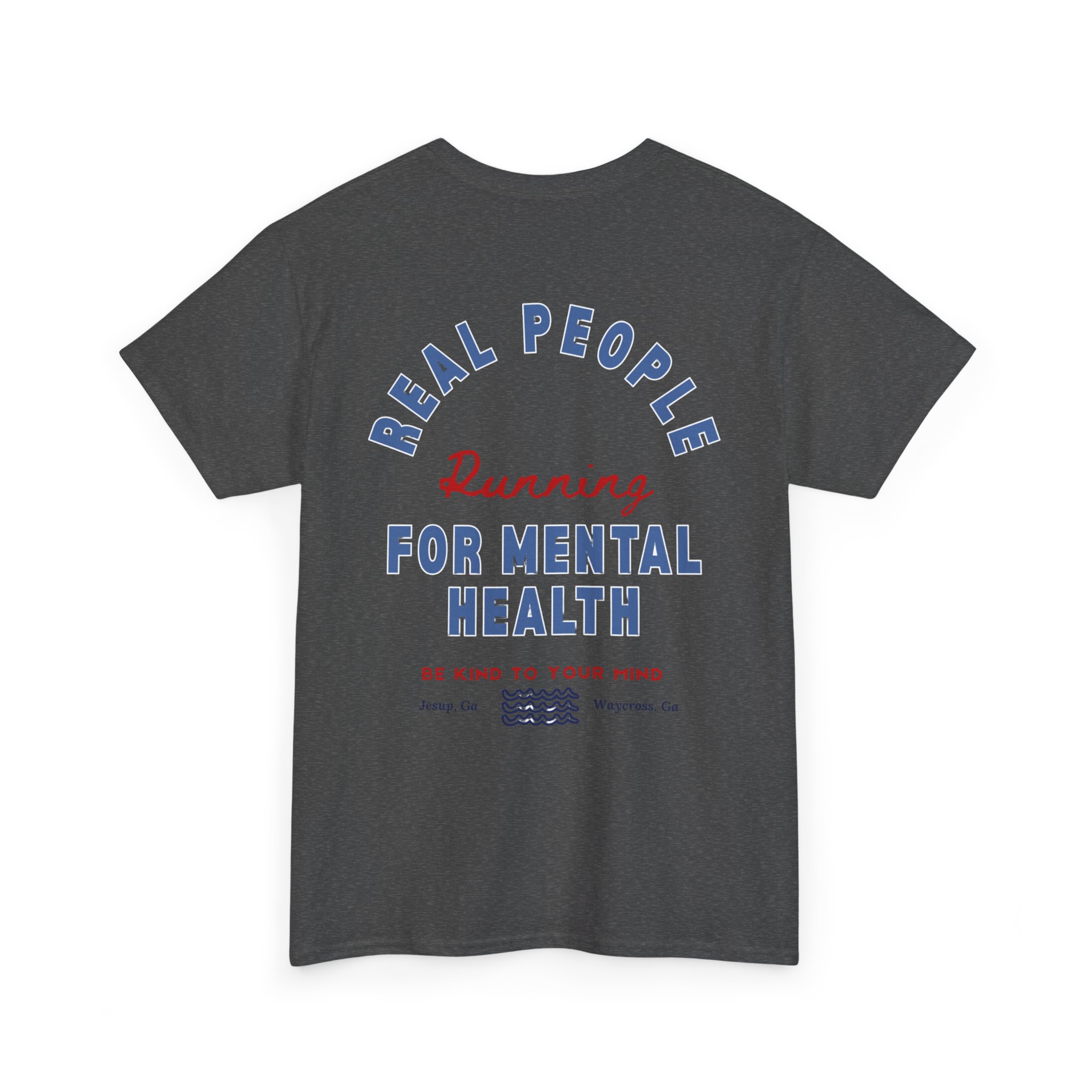 9304478876930062076_2048jpeg - Anchored Dark gray T-shirt with a circular blue text that reads ‘REAL PEOPLE’ around the chest, and red ‘Running’ with blue ‘FOR MENTAL HEALTH’ below.
