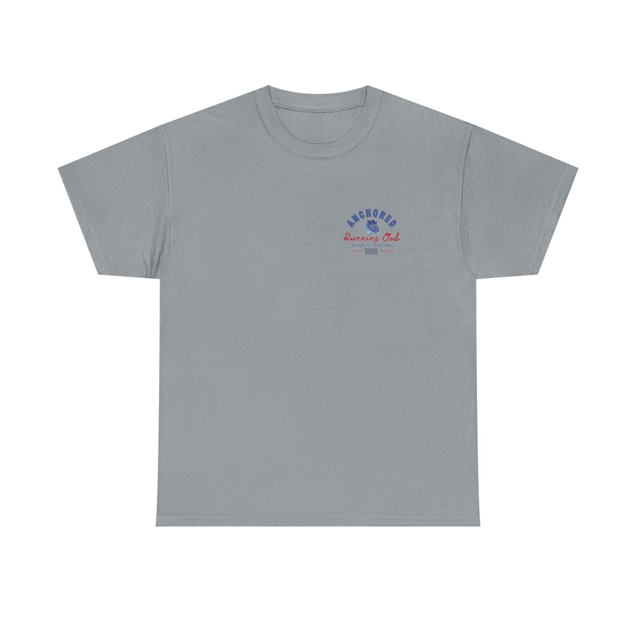 9690430776195512967_2048jpeg - Anchored Gray crew-neck T-shirt with a small blue and red embroidered chest logo reading 'Anchored Running Club' with an anchor icon.