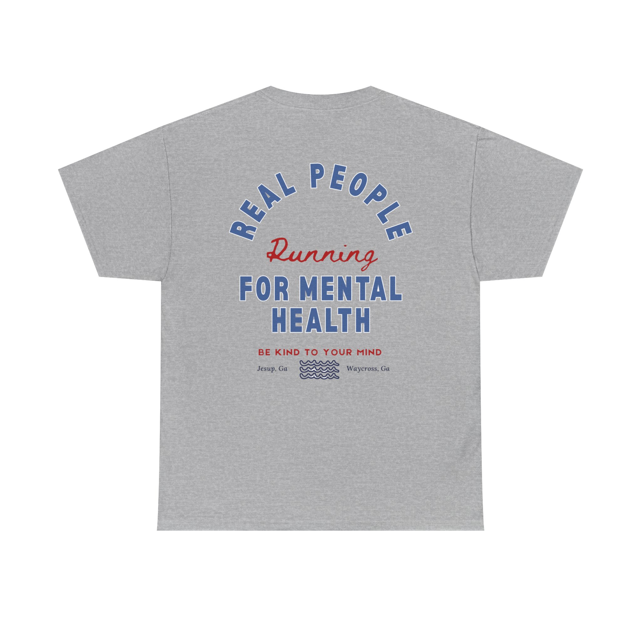 991511097800840674_2048jpeg - Anchored Grey T-shirt with blue curved text reading 'REAL PEOPLE' and red 'Running' script, promoting mental health awareness.